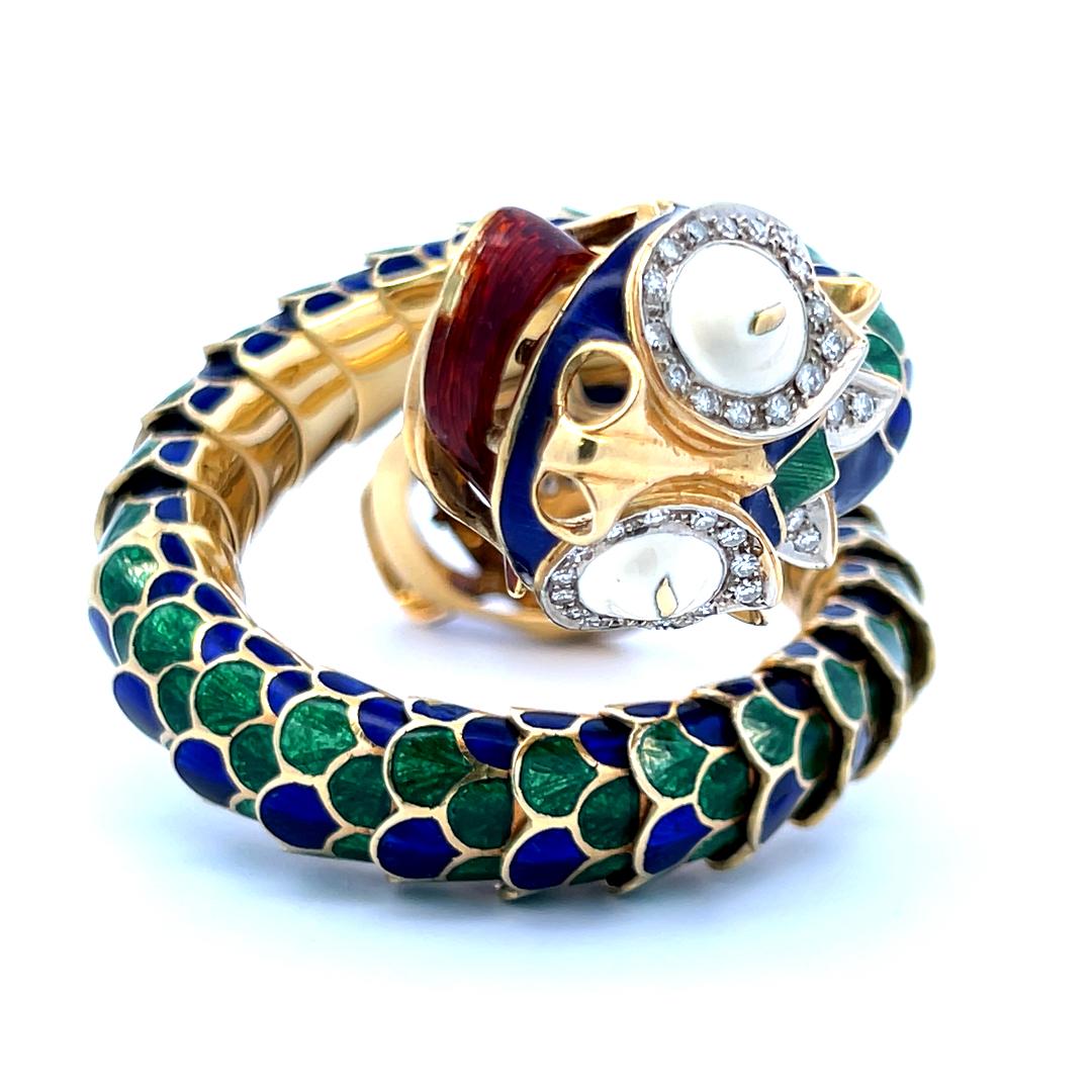 David Webb Vintage 18K Yellow Gold Enamel Dragon Bangle Bracelet 147.5 Grams