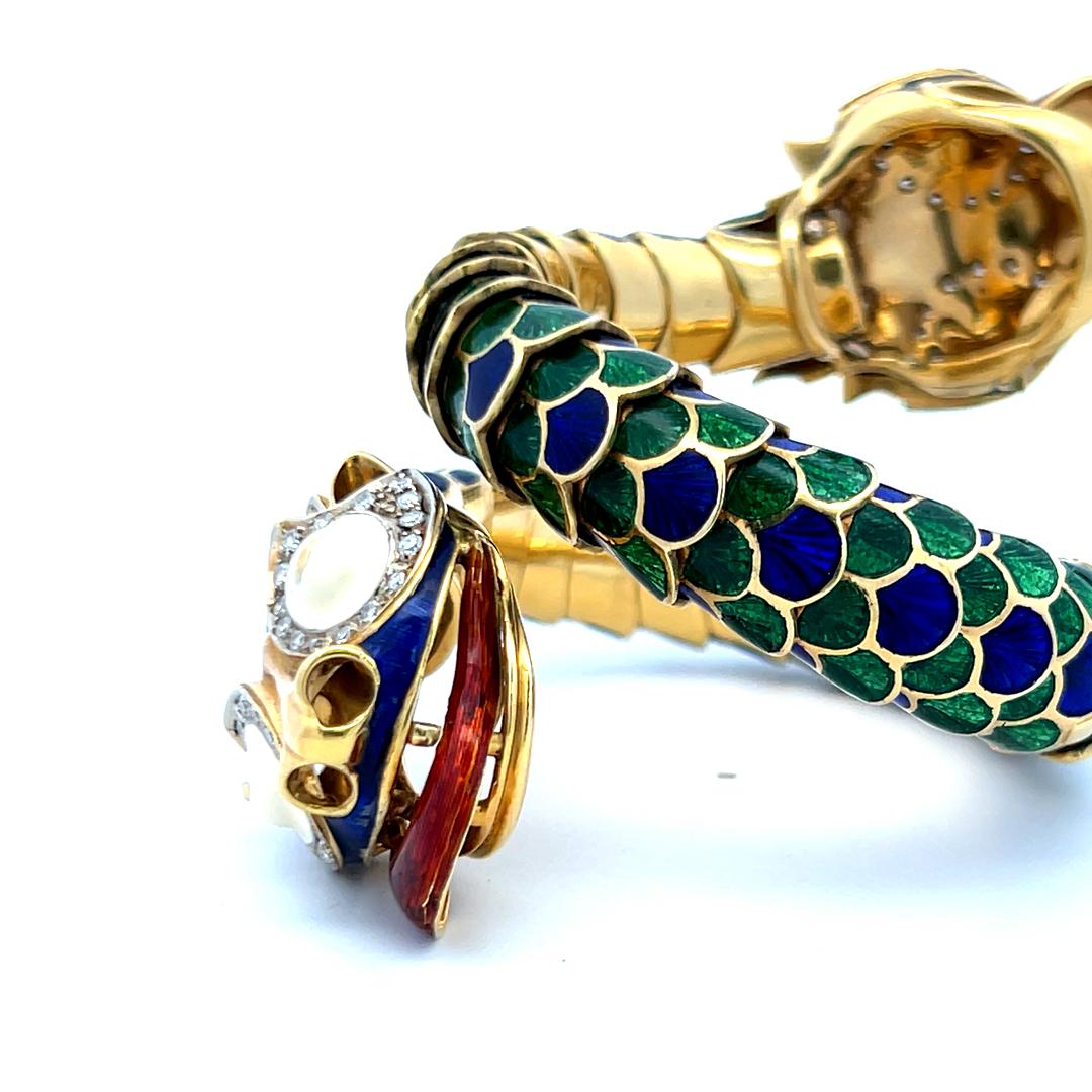 David Webb Vintage 18K Yellow Gold Enamel Dragon Bangle Bracelet 147.5 Grams