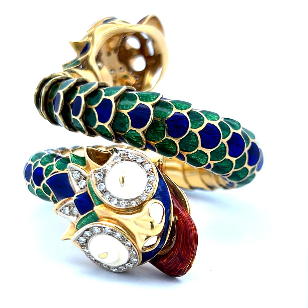 David Webb Vintage 18K Yellow Gold Enamel Dragon Bangle Bracelet 147.5 Grams
