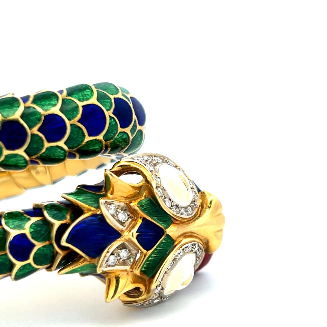 David Webb Vintage 18K Yellow Gold Enamel Dragon Bangle Bracelet 147.5 Grams