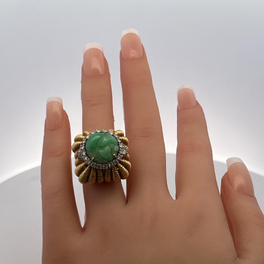 Vintage Old European Cut Diamond & Natural Jade Cocktail Ring in 18K Yellow Gold