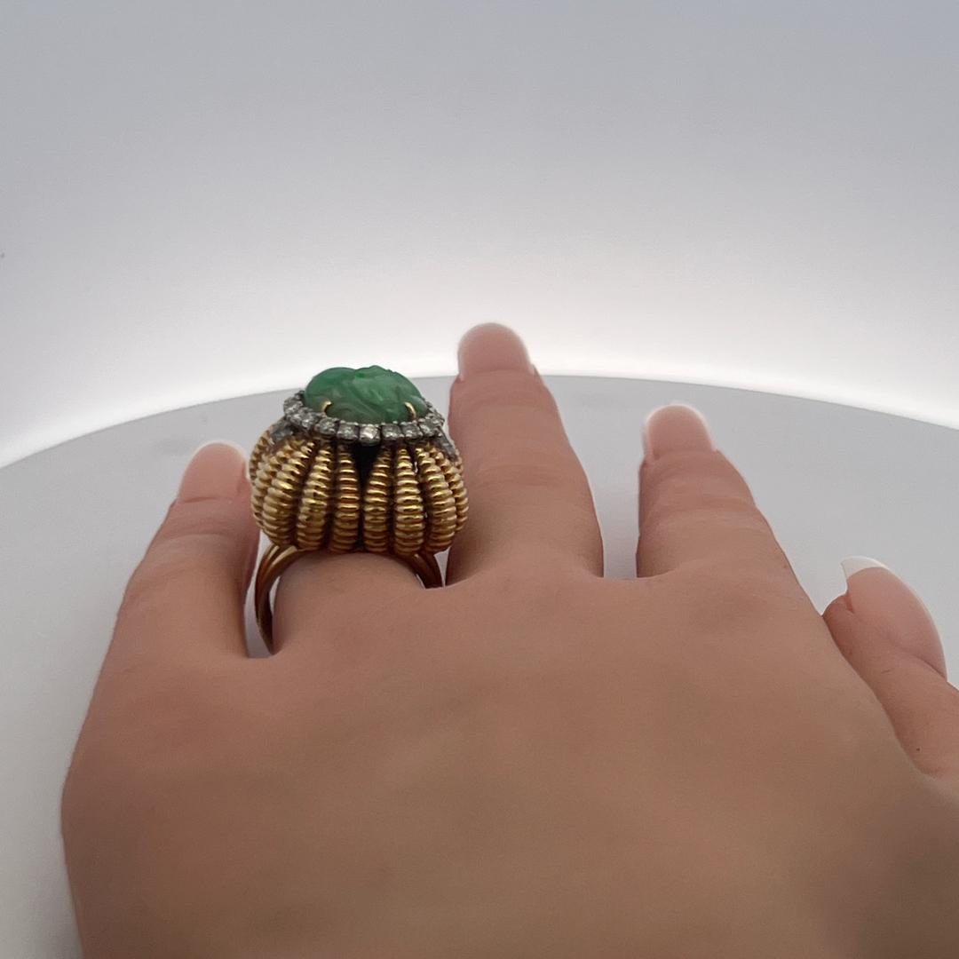 Vintage Old European Cut Diamond & Natural Jade Cocktail Ring in 18K Yellow Gold