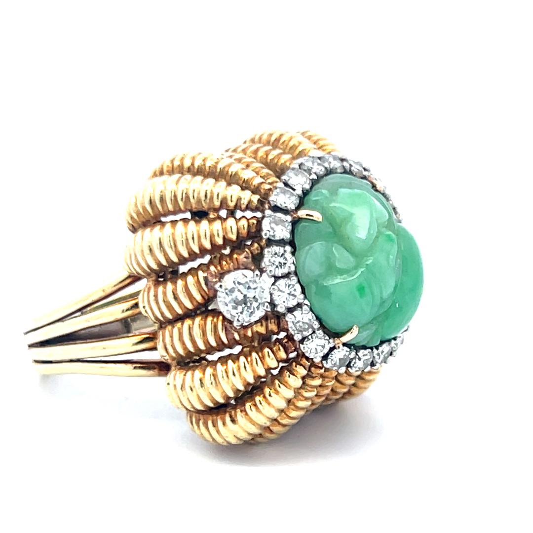 Vintage Old European Cut Diamond & Natural Jade Cocktail Ring in 18K Yellow Gold
