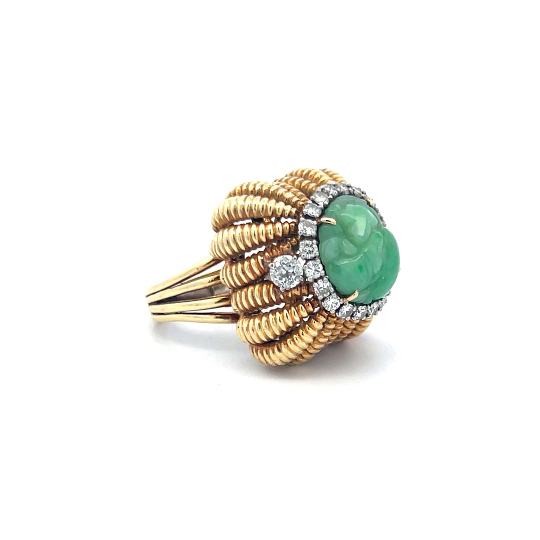 Vintage Old European Cut Diamond & Natural Jade Cocktail Ring in 18K Yellow Gold