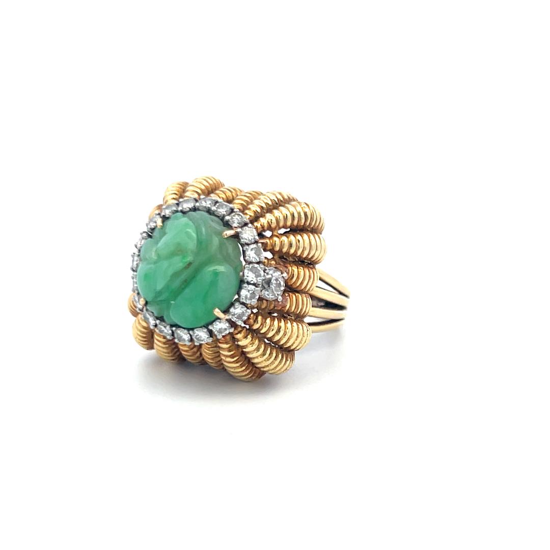 Vintage Old European Cut Diamond & Natural Jade Cocktail Ring in 18K Yellow Gold