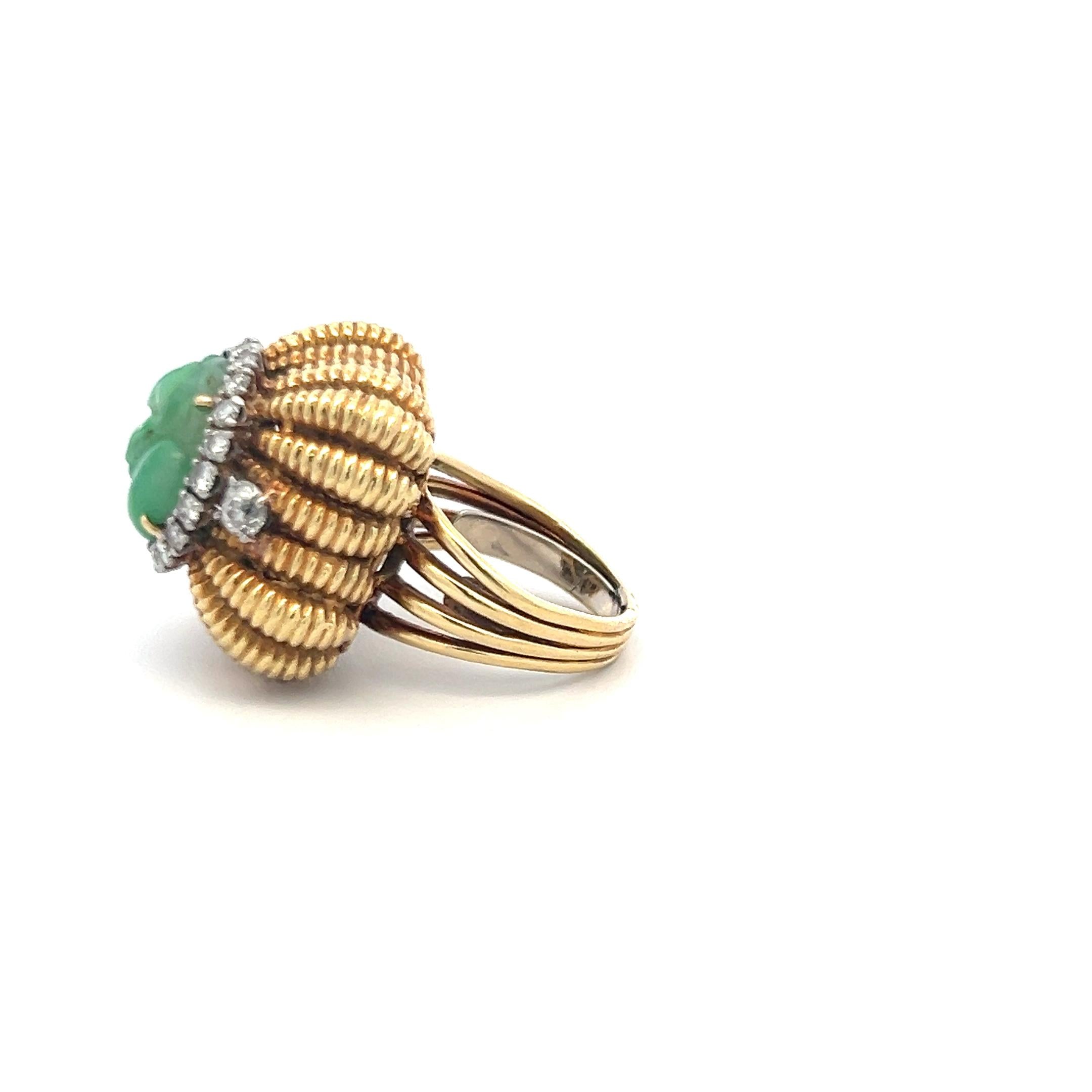 Vintage Old European Cut Diamond & Natural Jade Cocktail Ring in 18K Yellow Gold