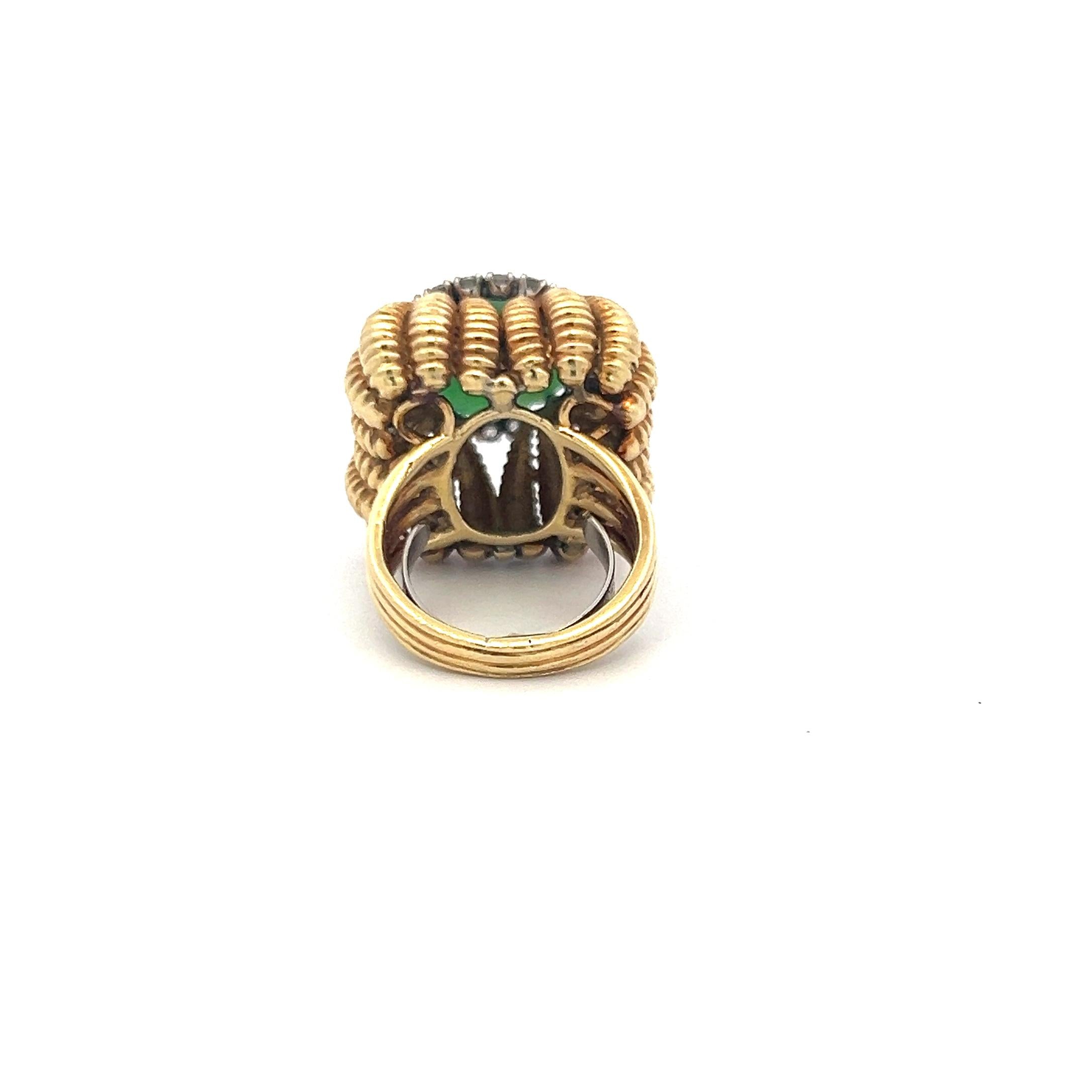 Vintage Old European Cut Diamond & Natural Jade Cocktail Ring in 18K Yellow Gold