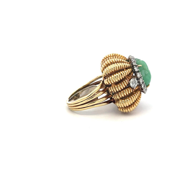 Vintage Old European Cut Diamond & Natural Jade Cocktail Ring in 18K Yellow Gold