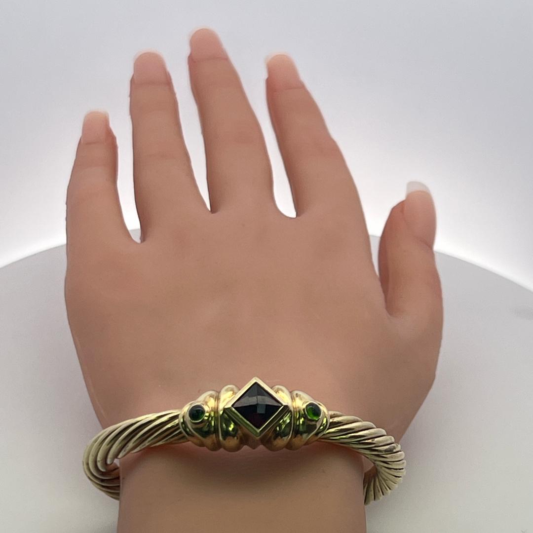 David Yurman 3.50 Carat Princess Cut Garnet 14 Karat Yellow Gold Cuff Bracelet