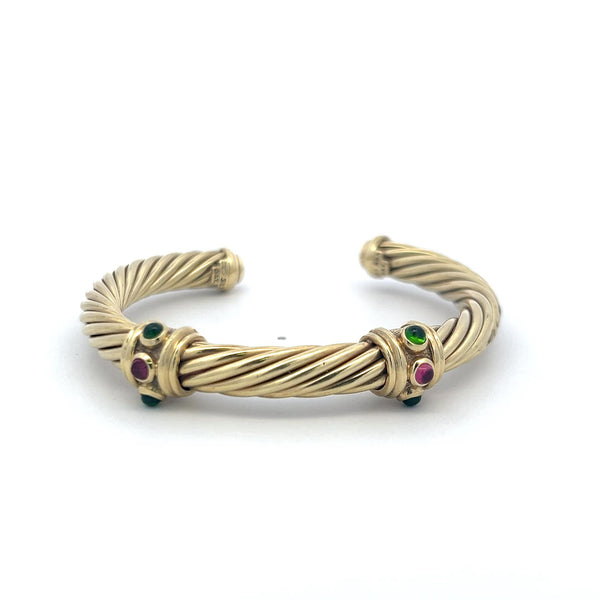 David Yurman 0.60ct Tsavorite & 0.30ct Ruby Cuff Bracelet in 14K Yellow Gold