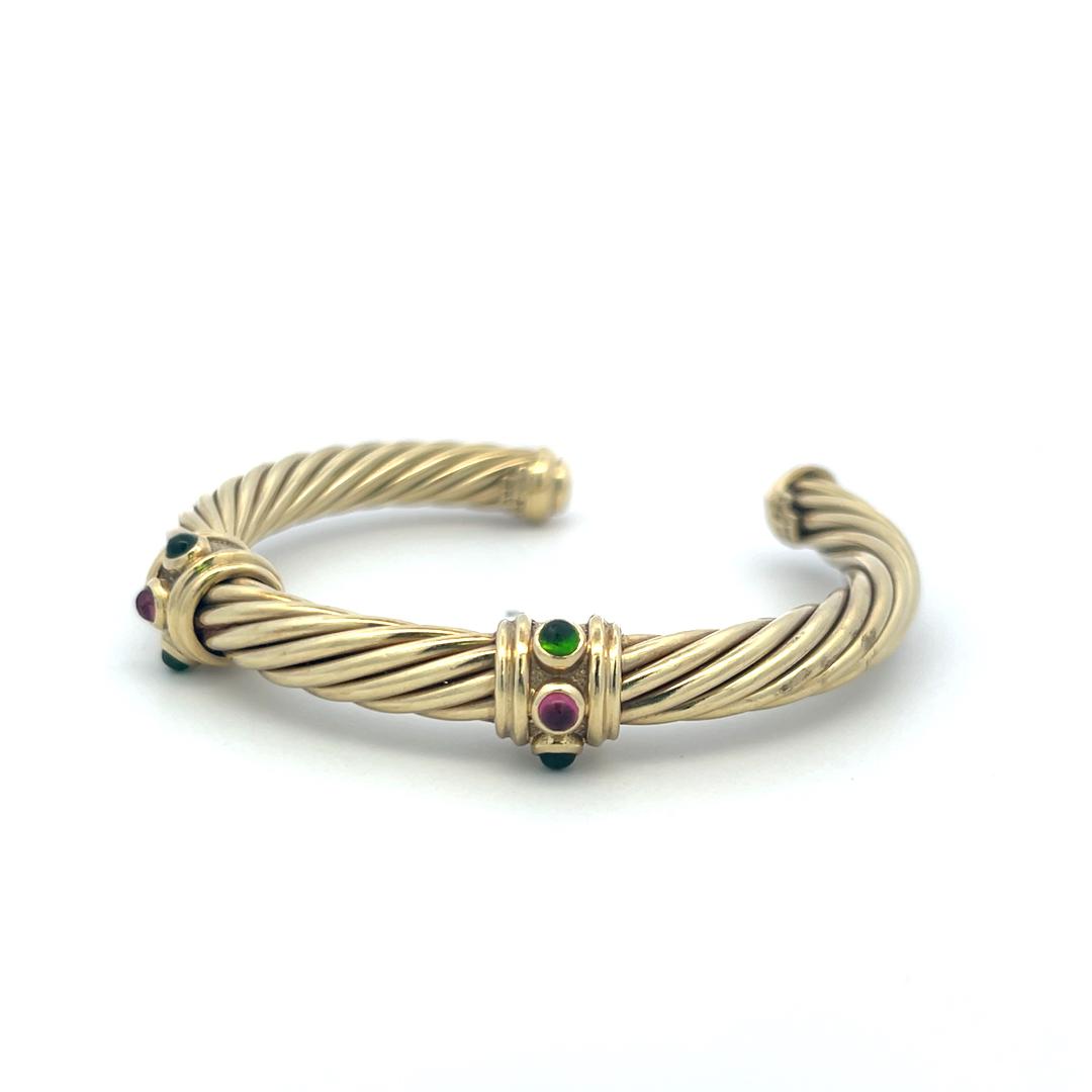 David Yurman 0.60ct Tsavorite & 0.30ct Ruby Cuff Bracelet in 14K Yellow Gold