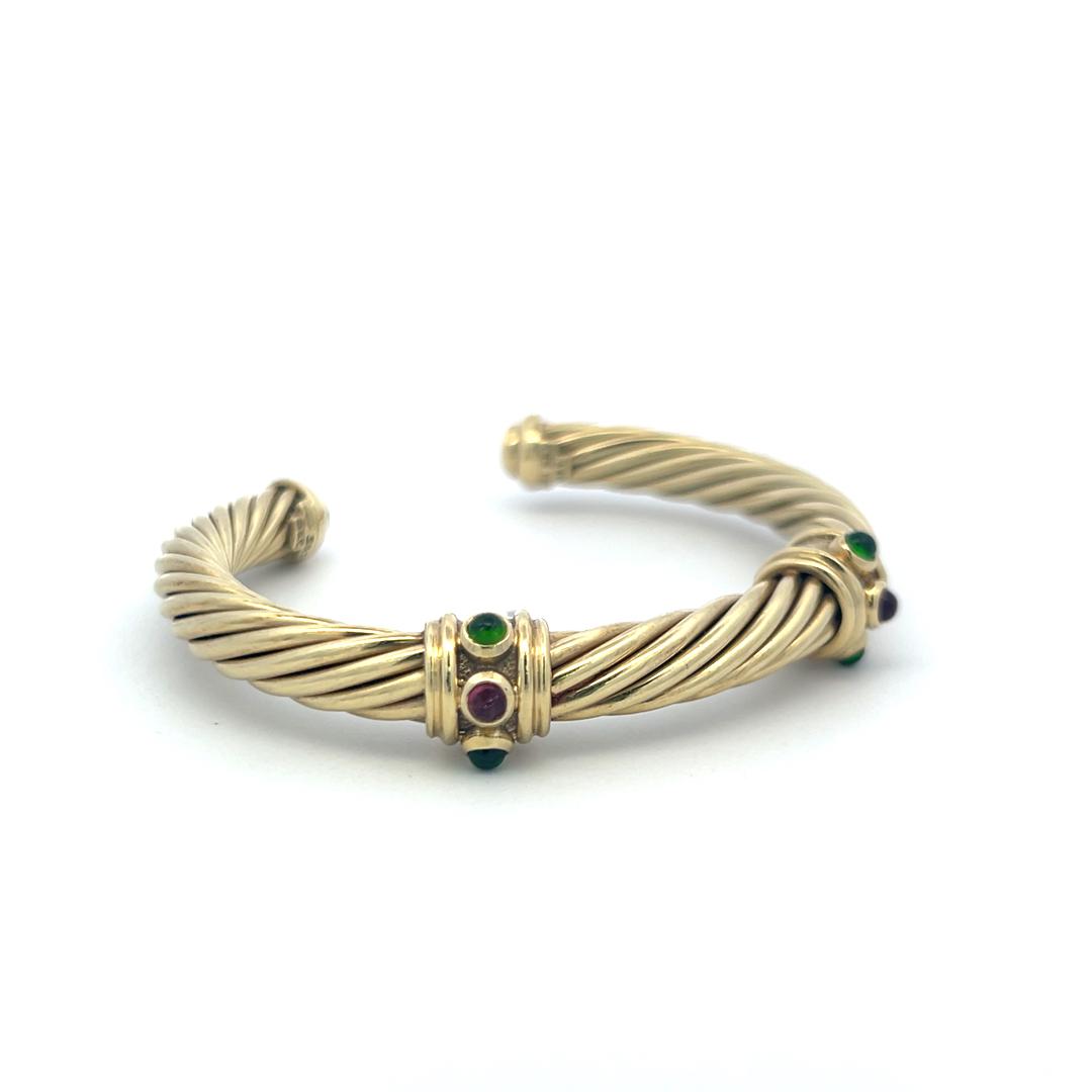 David Yurman 0.60ct Tsavorite & 0.30ct Ruby Cuff Bracelet in 14K Yellow Gold