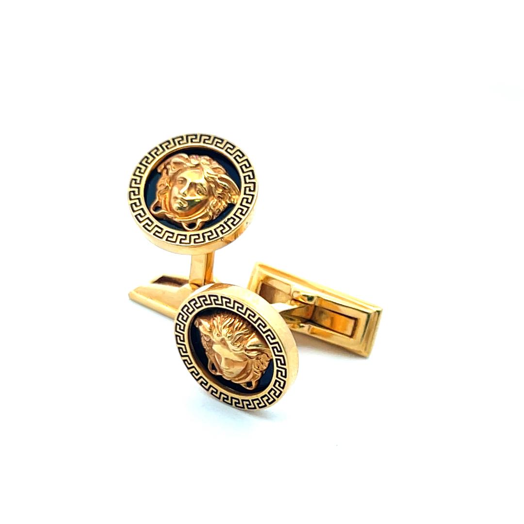 Versace Medusa Gold and Black Cufflinks with Greek Key Border – Luxury Style