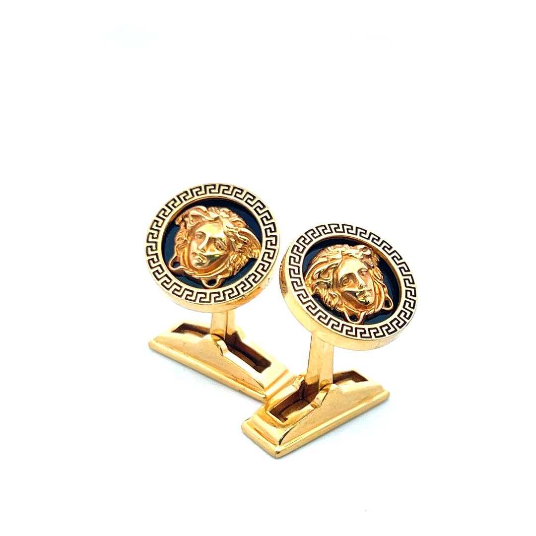 Versace Medusa Gold and Black Cufflinks with Greek Key Border – Luxury Style