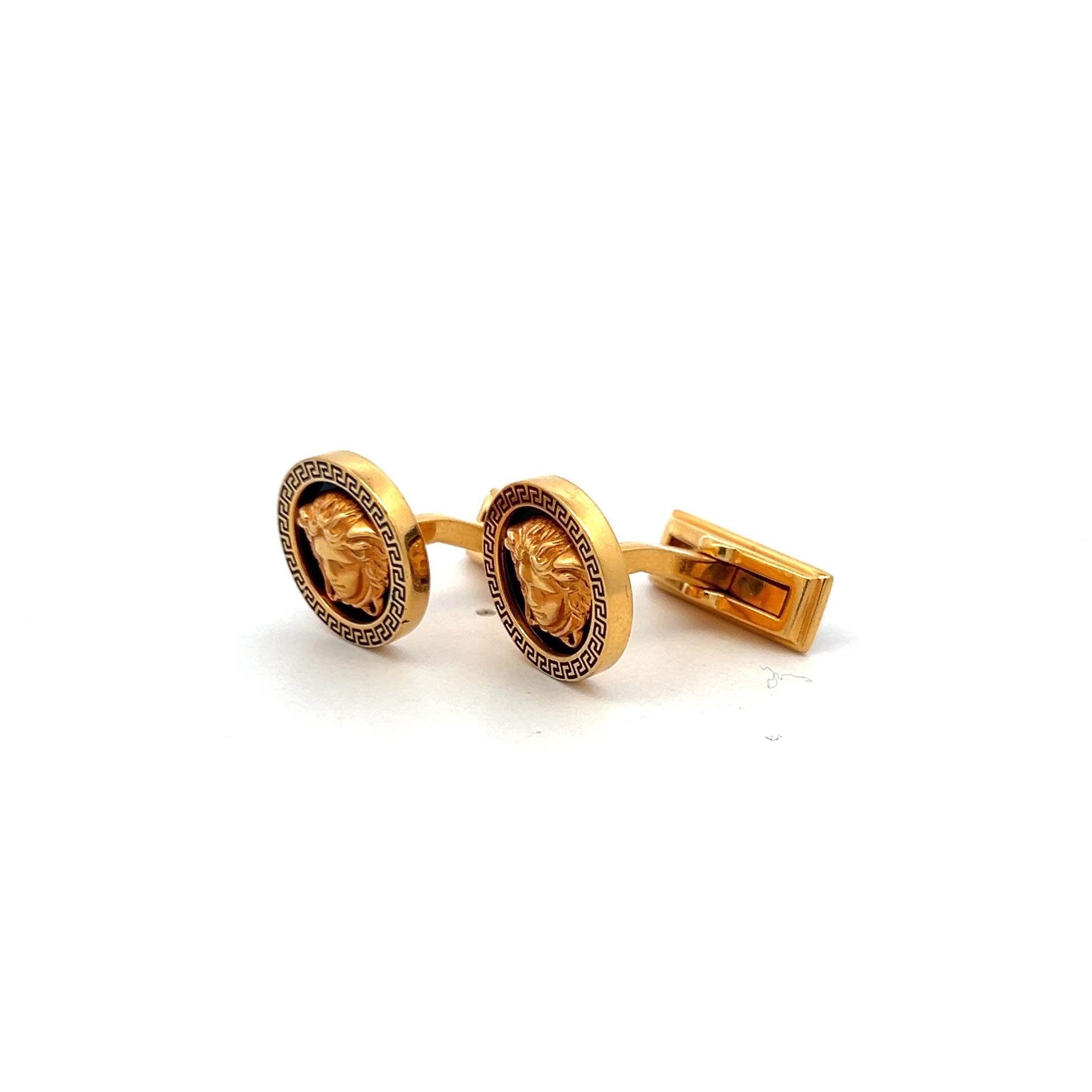 Versace Medusa Gold and Black Cufflinks with Greek Key Border – Luxury Style