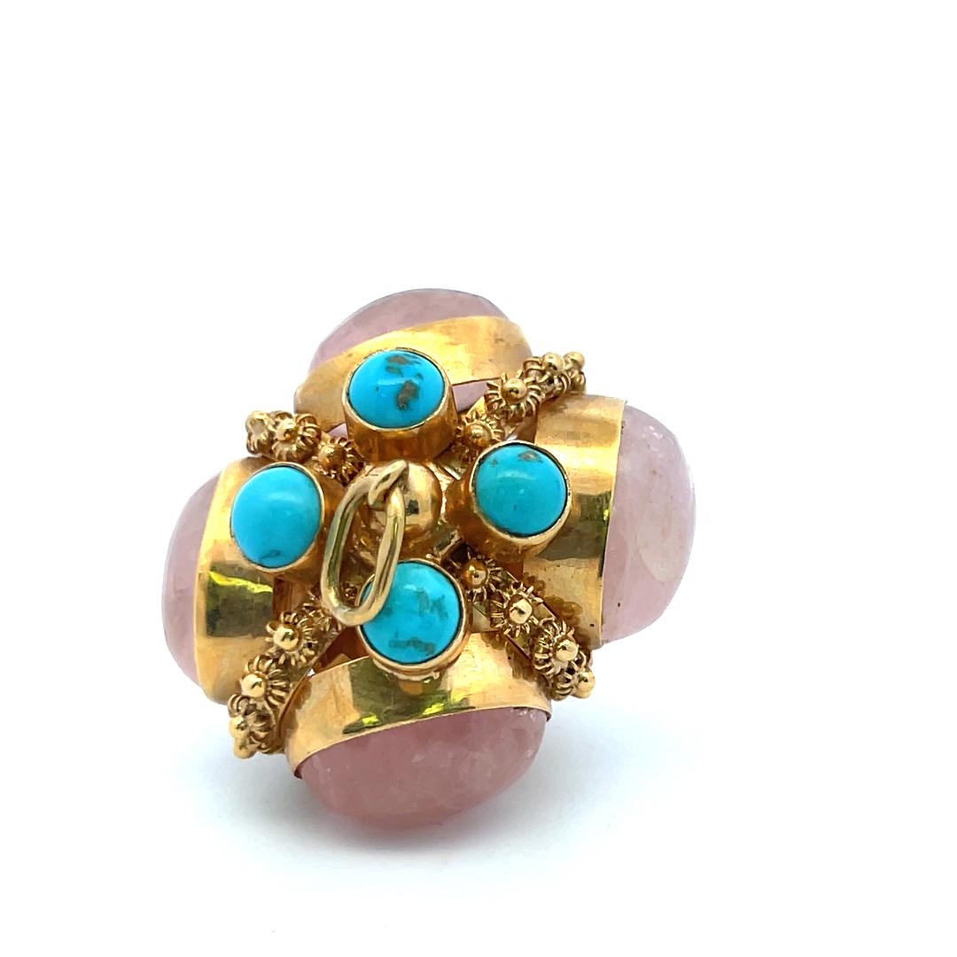 Vintage 18K Yellow Gold Pendant with Quartz and Turquoise Stones