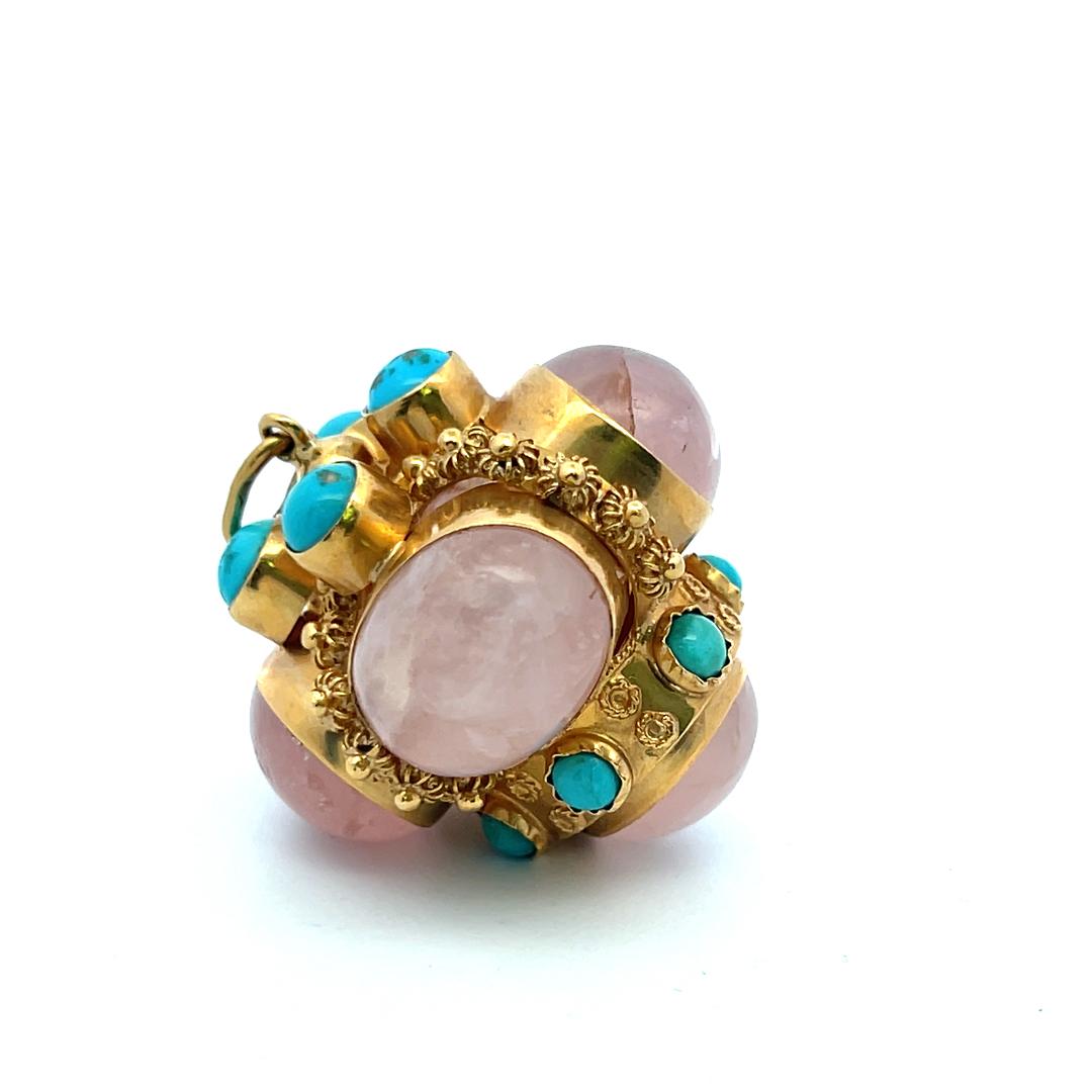 Vintage 18K Yellow Gold Pendant with Quartz and Turquoise Stones