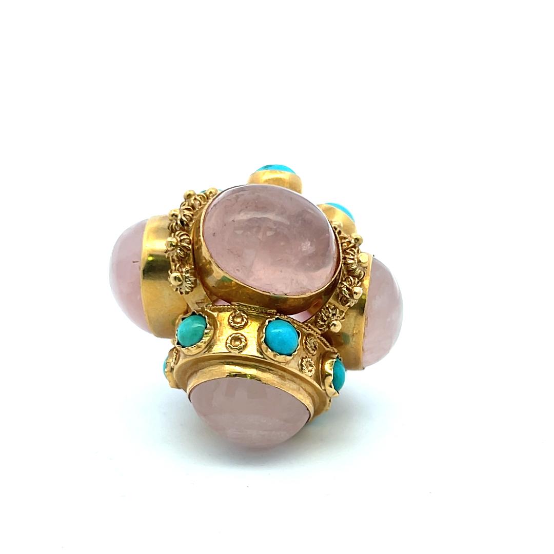 Vintage 18K Yellow Gold Pendant with Quartz and Turquoise Stones
