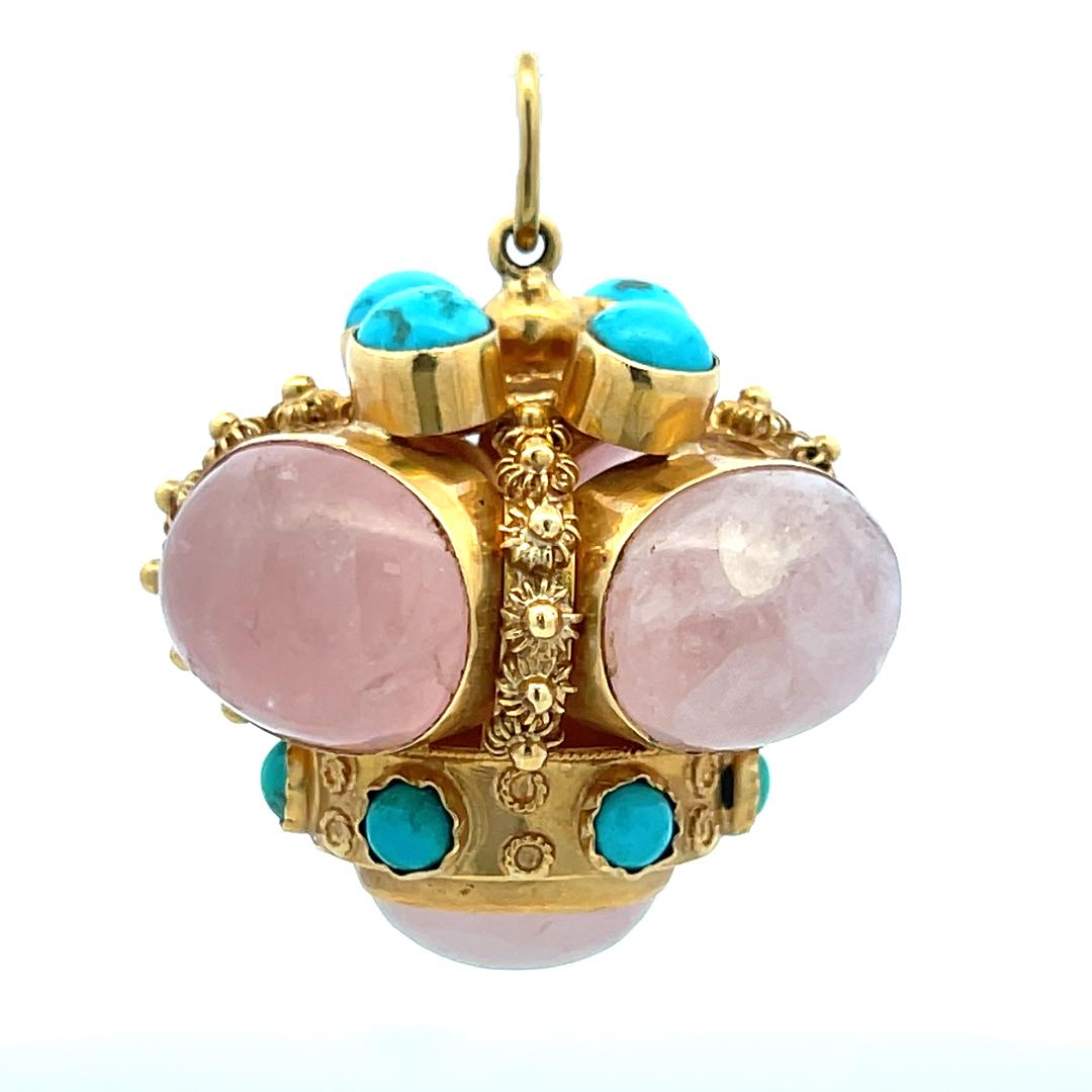 Vintage 18K Yellow Gold Pendant with Quartz and Turquoise Stones