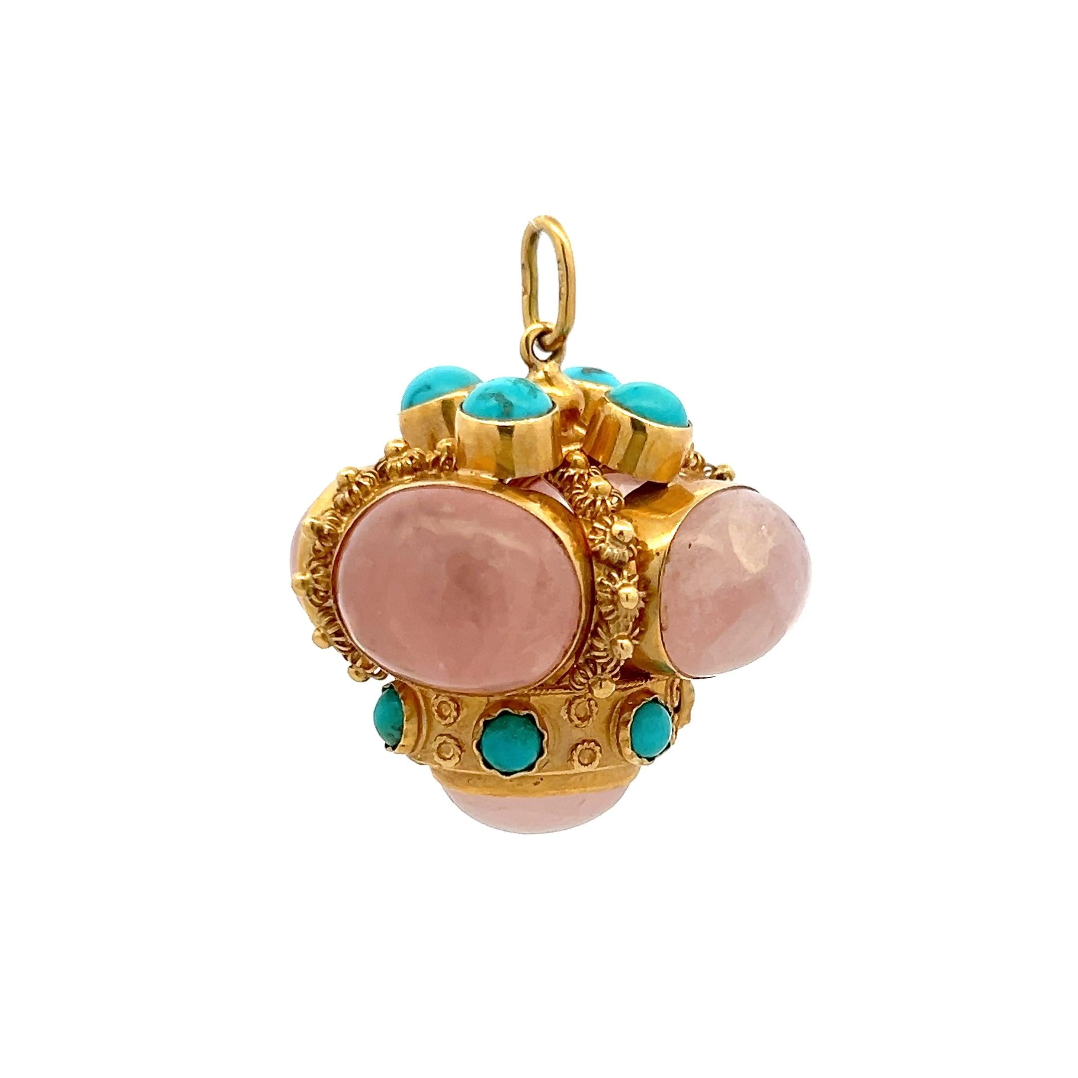 Vintage 18K Yellow Gold Pendant with Quartz and Turquoise Stones