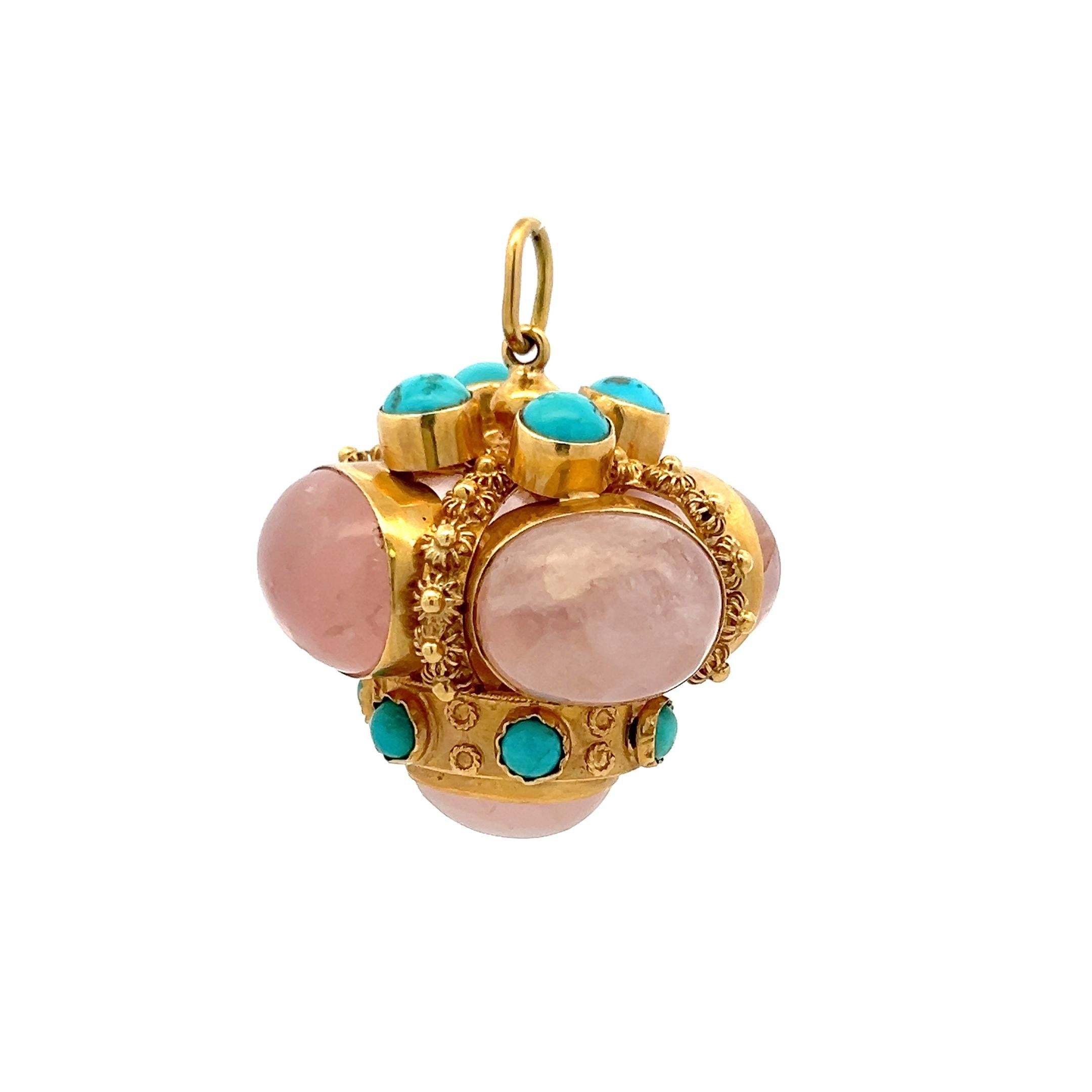 Vintage 18K Yellow Gold Pendant with Quartz and Turquoise Stones