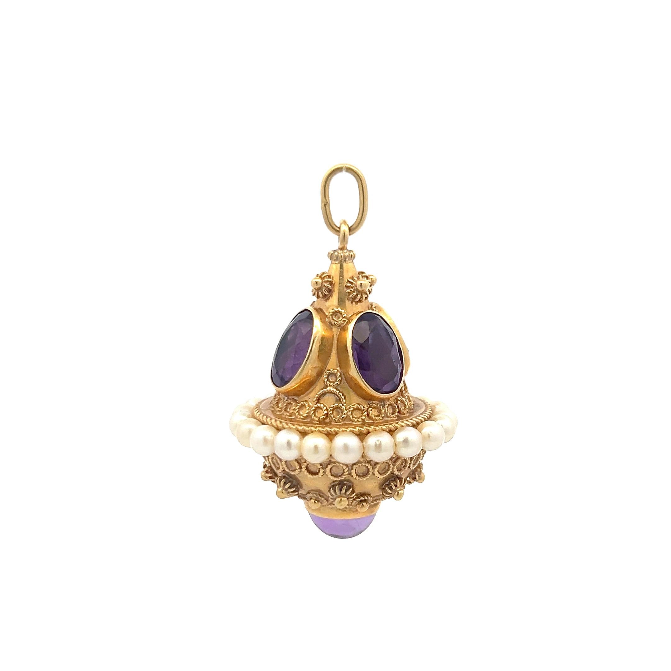 18K Yellow Gold Pendant with 9.72 - 7.14 MM Amethyst & 3.75 X 3.62 MM Pearls