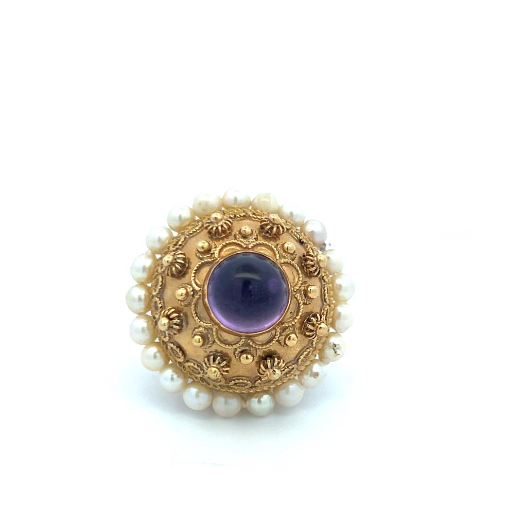 18K Yellow Gold Pendant with 9.72 - 7.14 MM Amethyst & 3.75 X 3.62 MM Pearls