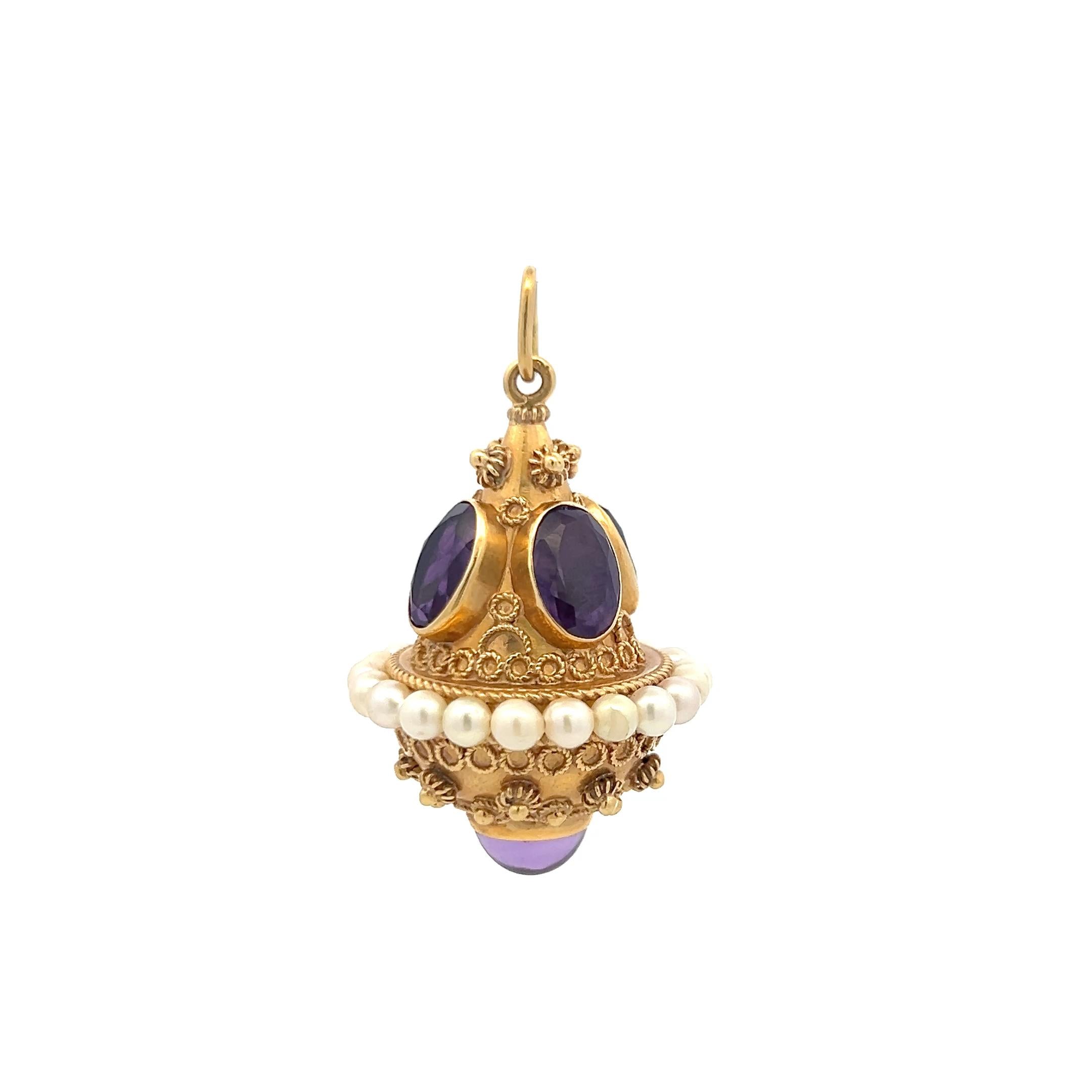 18K Yellow Gold Pendant with 9.72 - 7.14 MM Amethyst & 3.75 X 3.62 MM Pearls