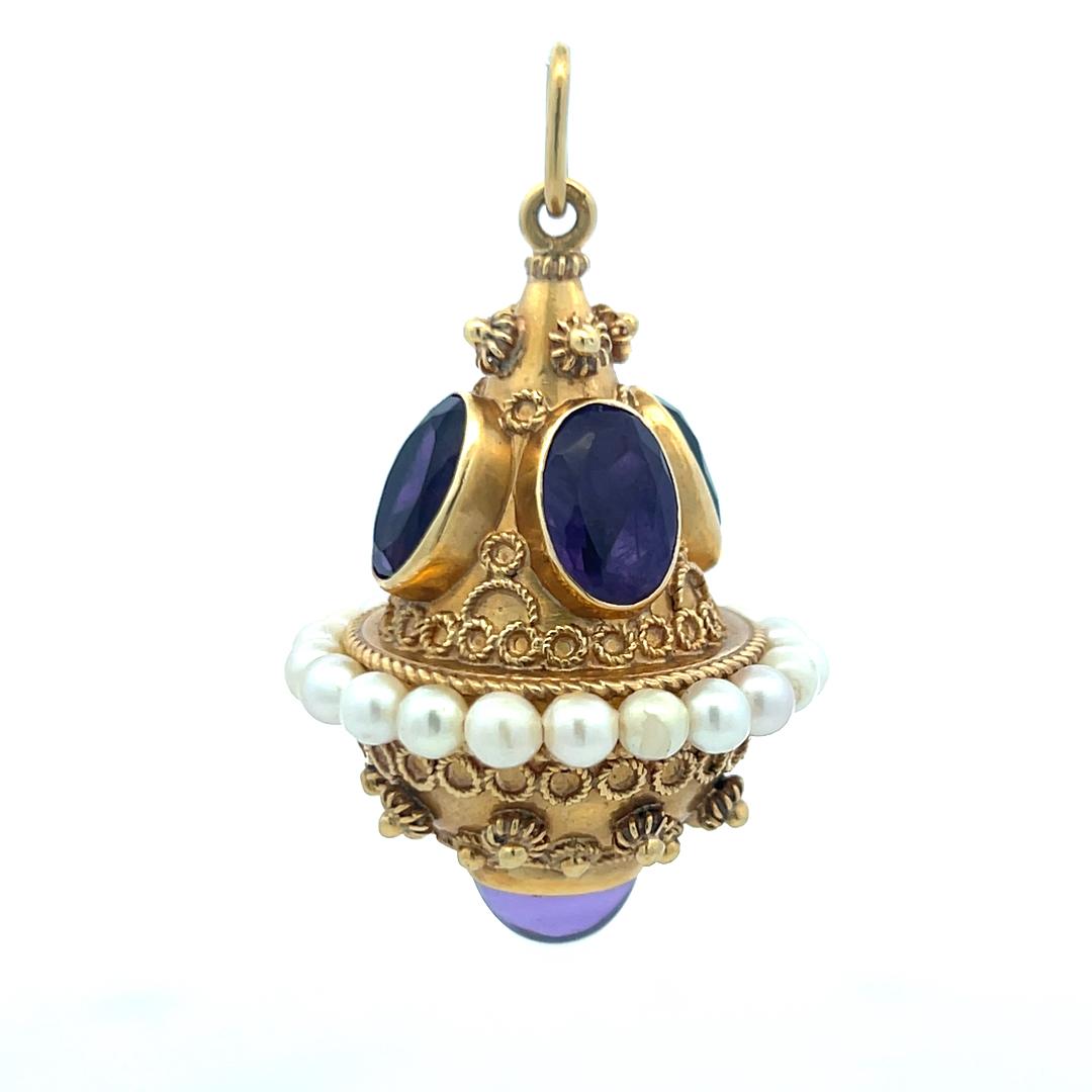 18K Yellow Gold Pendant with 9.72 - 7.14 MM Amethyst & 3.75 X 3.62 MM Pearls