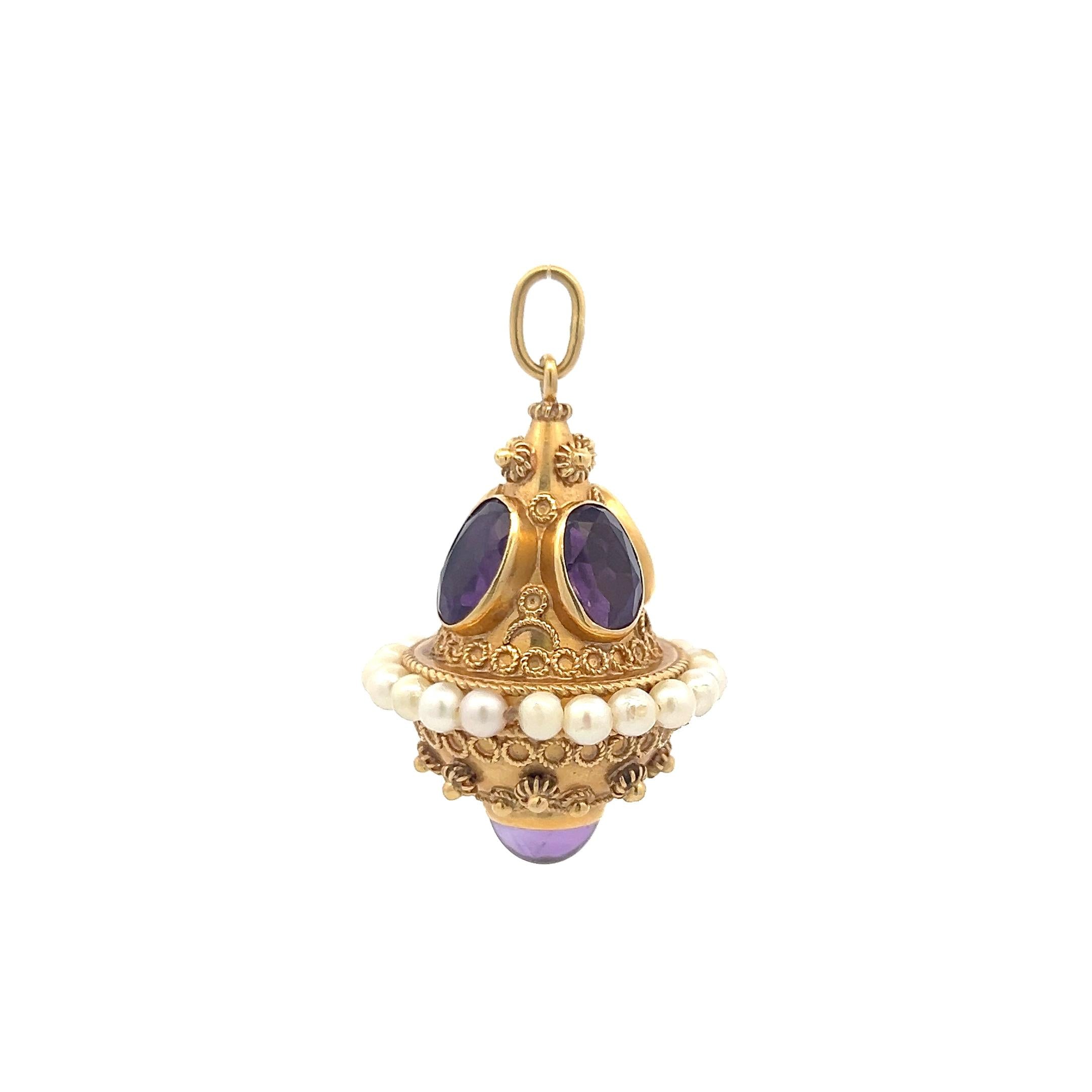 18K Yellow Gold Pendant with 9.72 - 7.14 MM Amethyst & 3.75 X 3.62 MM Pearls