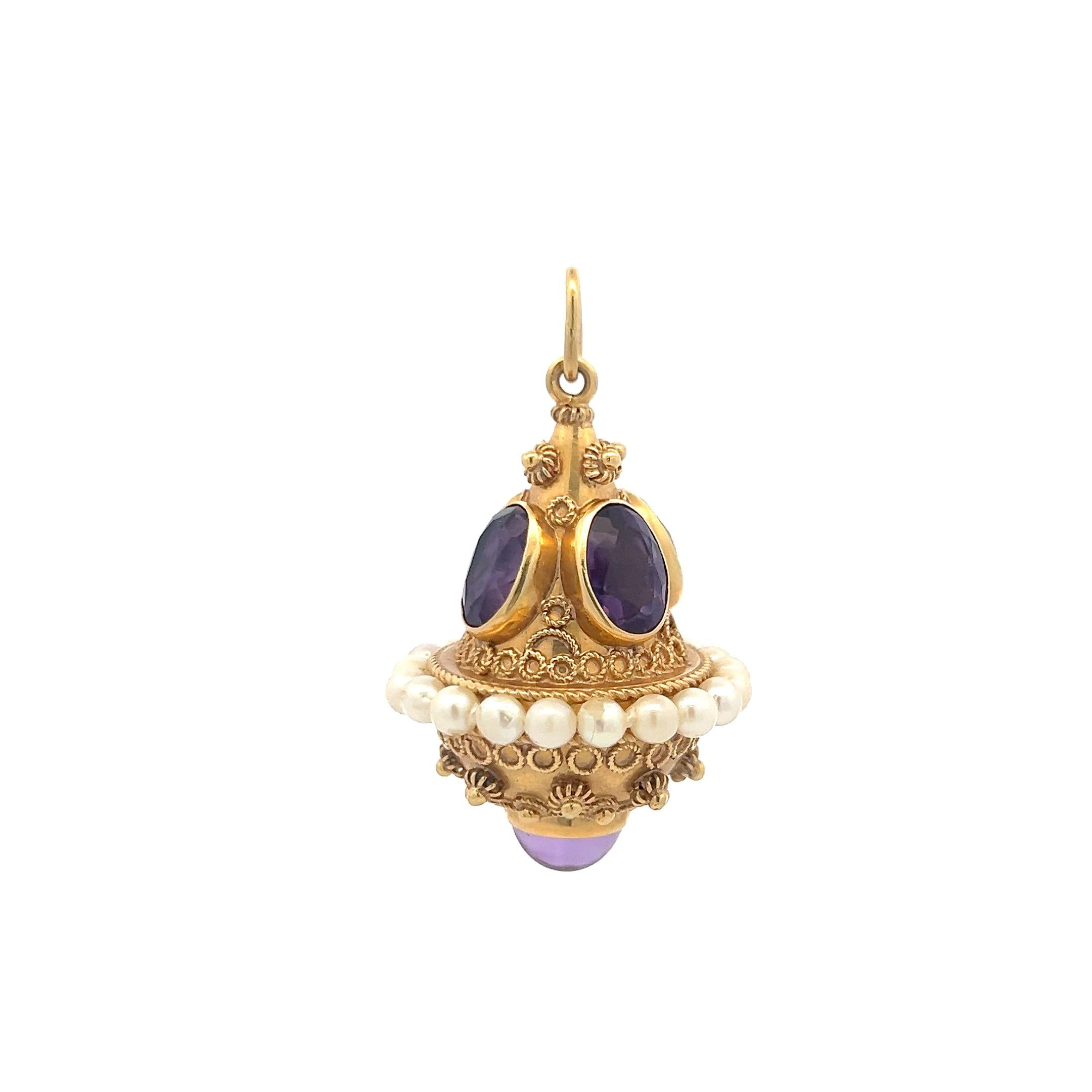 18K Yellow Gold Pendant with 9.72 - 7.14 MM Amethyst & 3.75 X 3.62 MM Pearls