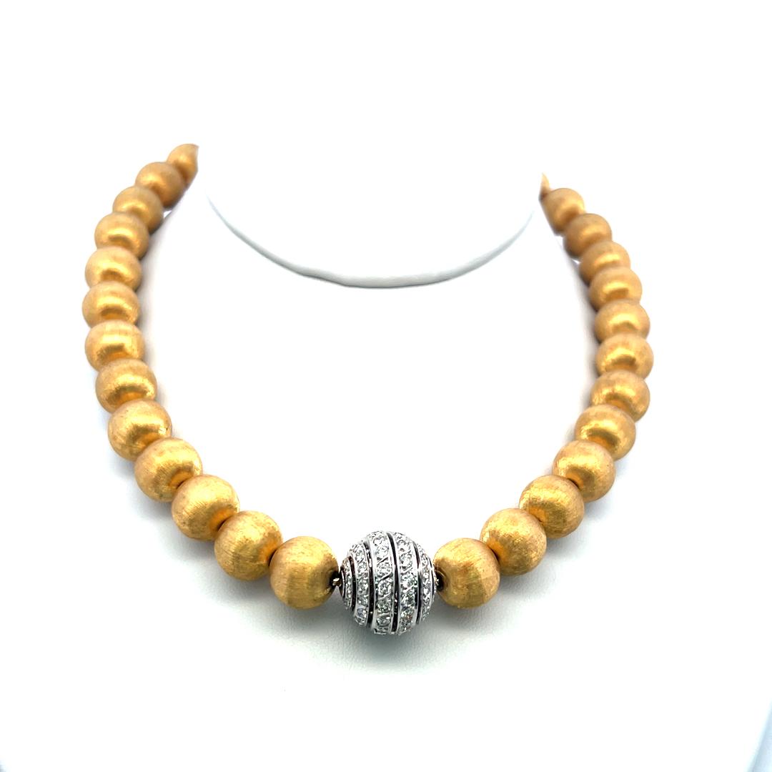 Vintage 18K Yellow Gold Bead Necklace with 2 Carat Round H SI Diamonds