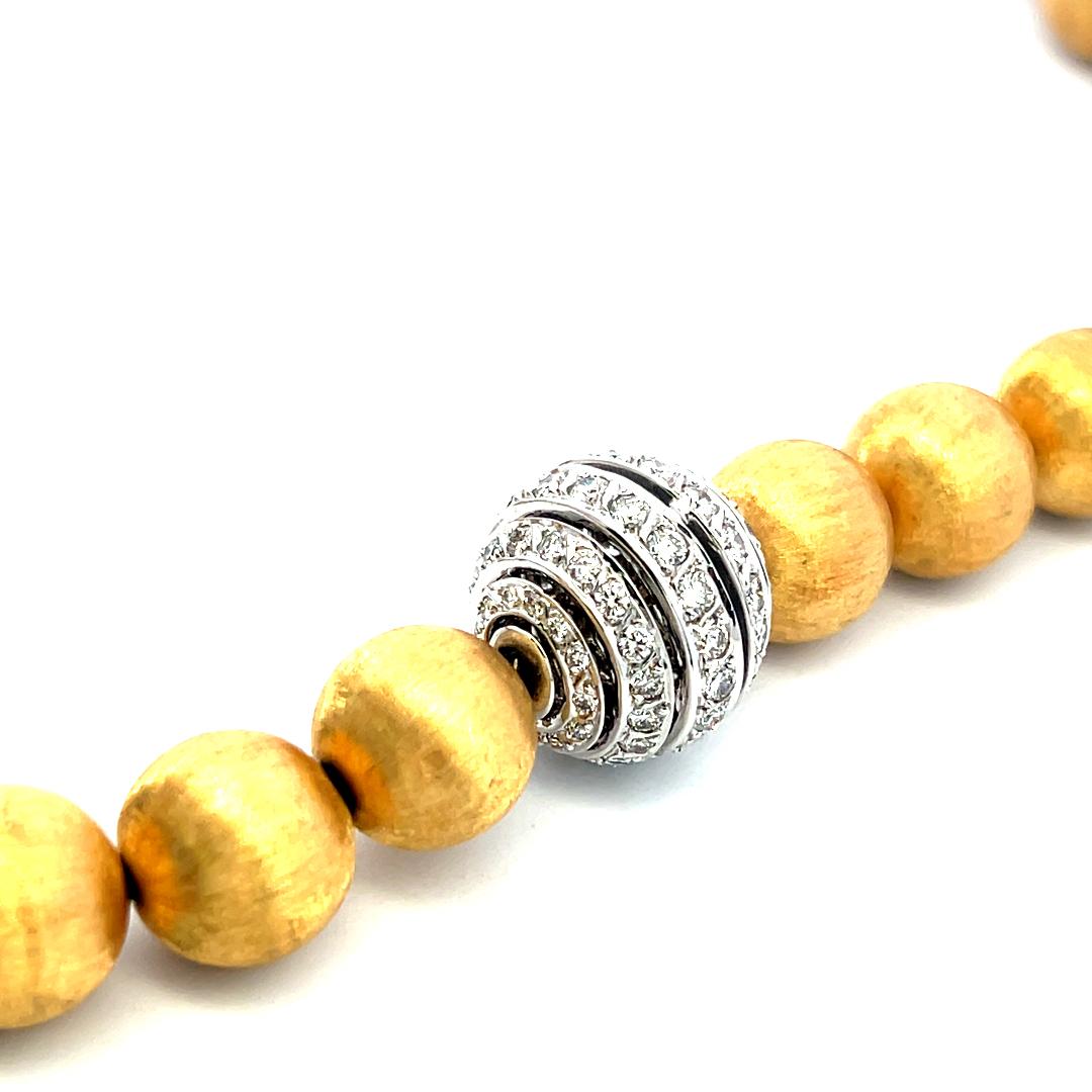 Vintage 18K Yellow Gold Bead Necklace with 2 Carat Round H SI Diamonds