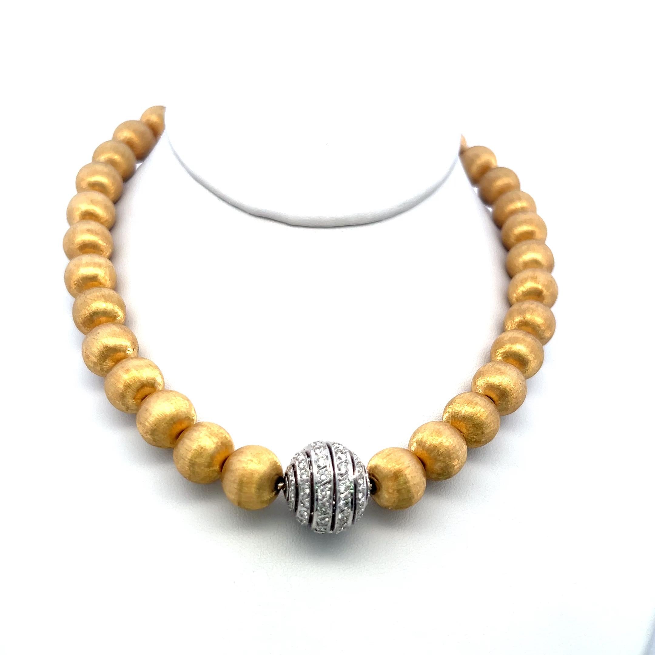 Vintage 18K Yellow Gold Bead Necklace with 2 Carat Round H SI Diamonds