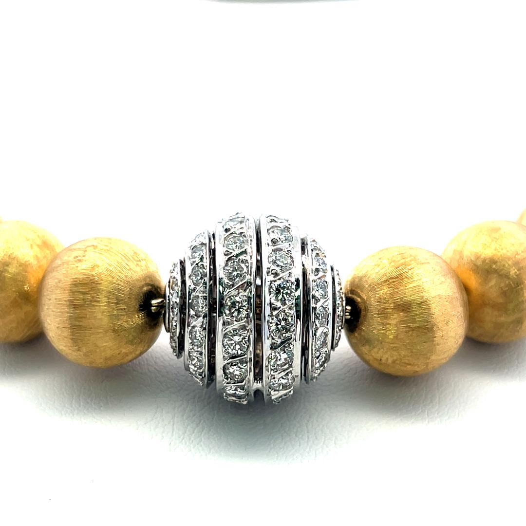 Vintage 18K Yellow Gold Bead Necklace with 2 Carat Round H SI Diamonds