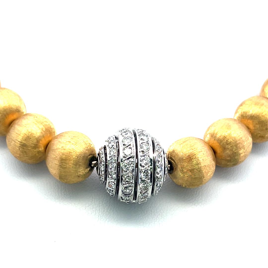 Vintage 18K Yellow Gold Bead Necklace with 2 Carat Round H SI Diamonds