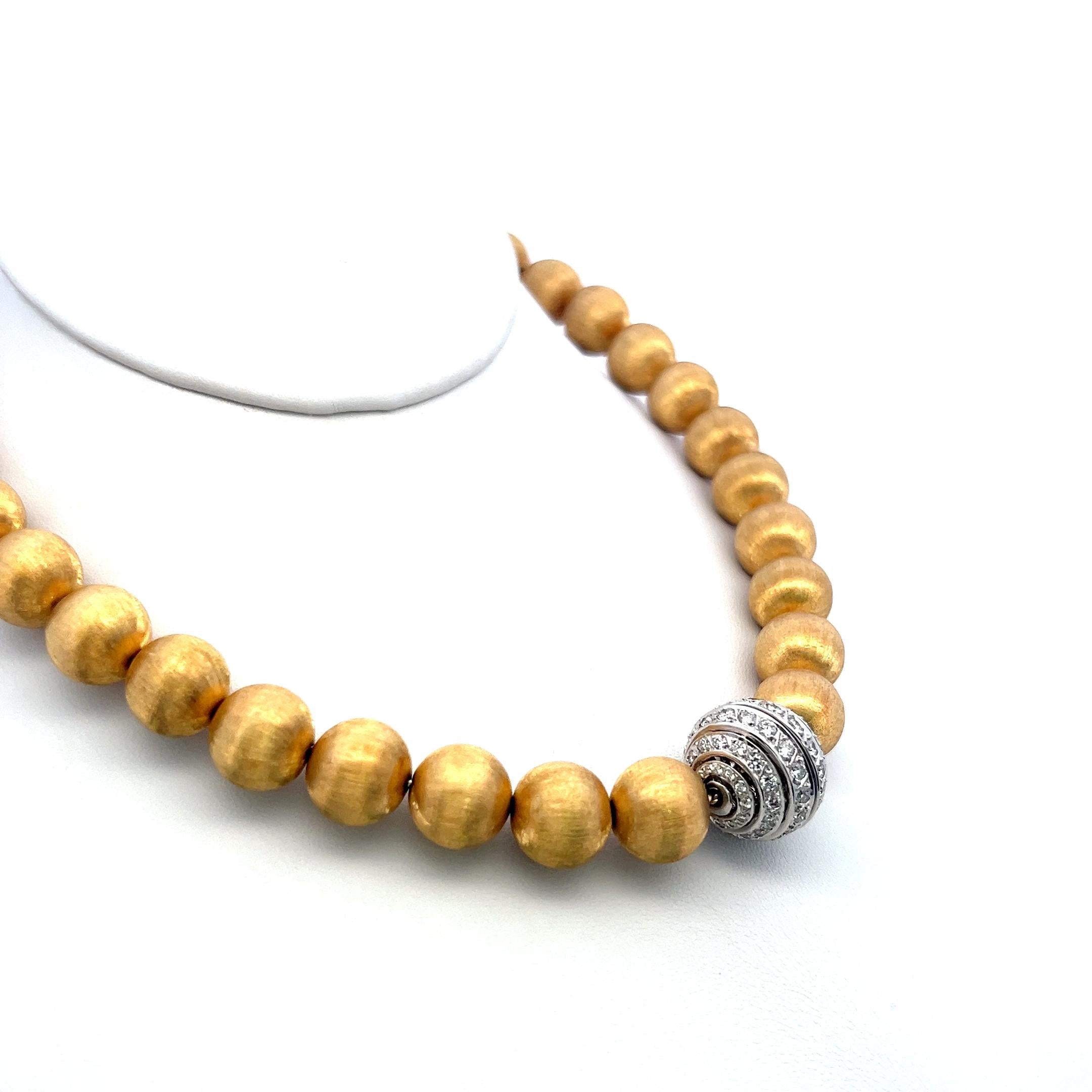 Vintage 18K Yellow Gold Bead Necklace with 2 Carat Round H SI Diamonds