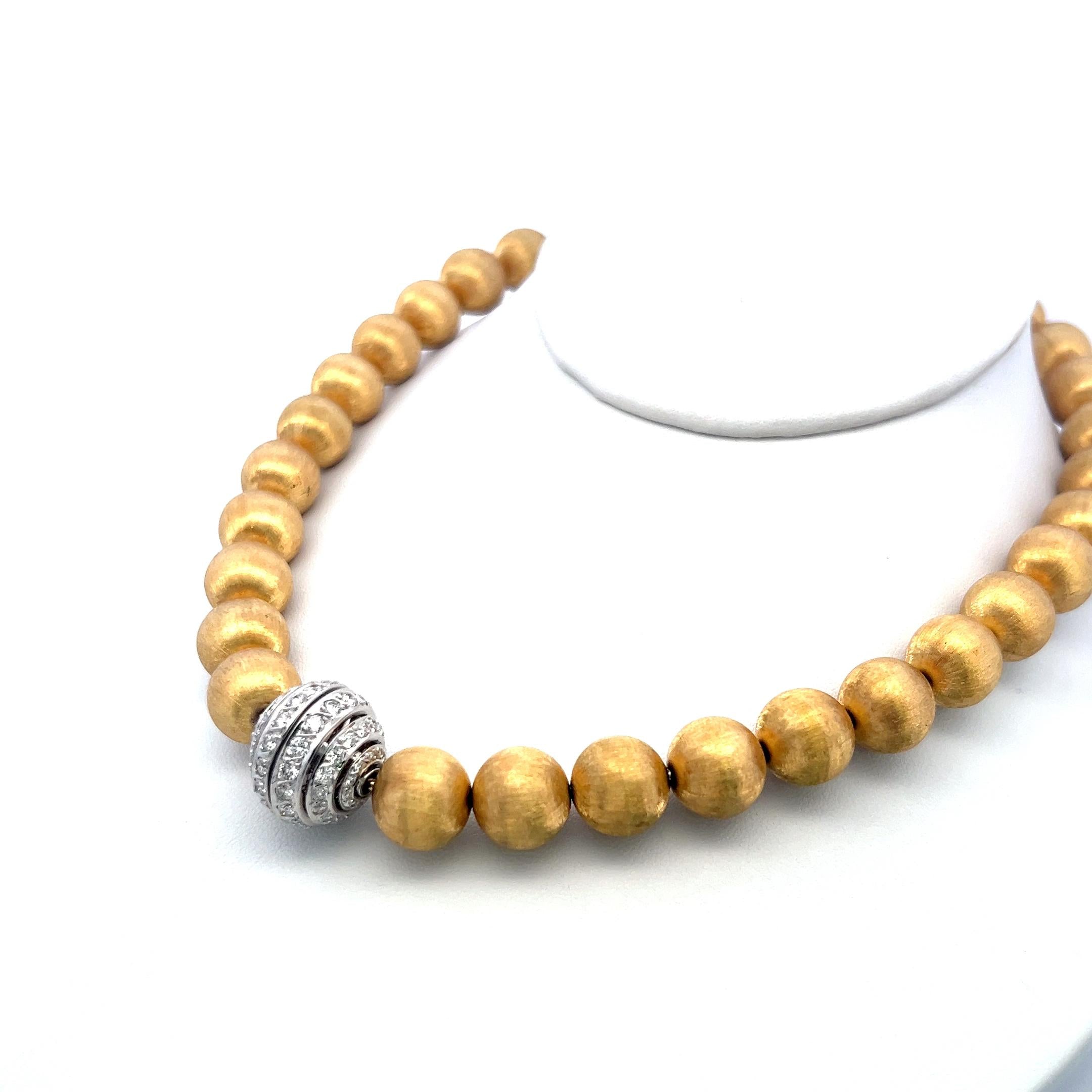 Vintage 18K Yellow Gold Bead Necklace with 2 Carat Round H SI Diamonds