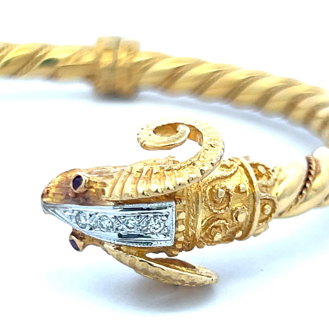 0.24ct Round Brilliant Diamond Ram Head Bangle Bracelet in 18K Two-Tone Gold