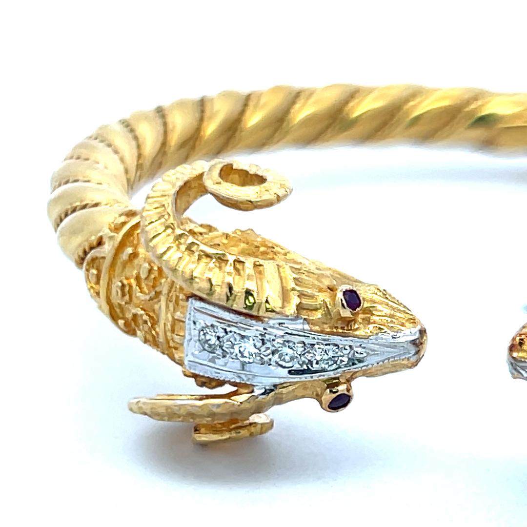 0.24ct Round Brilliant Diamond Ram Head Bangle Bracelet in 18K Two-Tone Gold