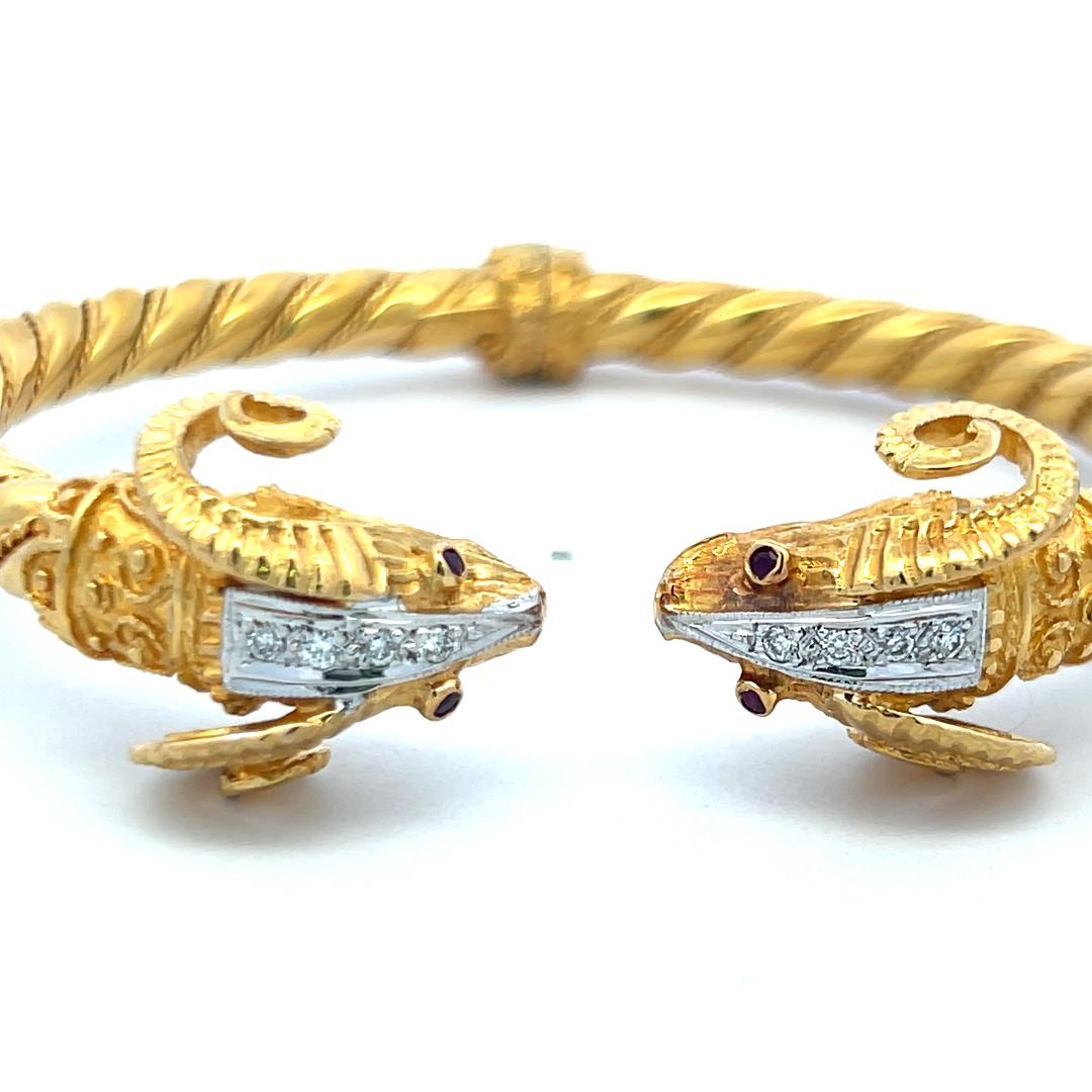 0.24ct Round Brilliant Diamond Ram Head Bangle Bracelet in 18K Two-Tone Gold