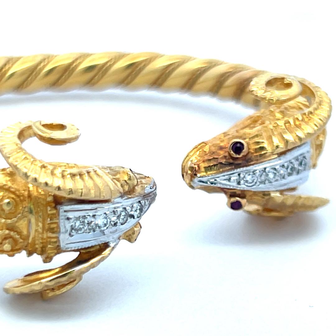 0.24ct Round Brilliant Diamond Ram Head Bangle Bracelet in 18K Two-Tone Gold