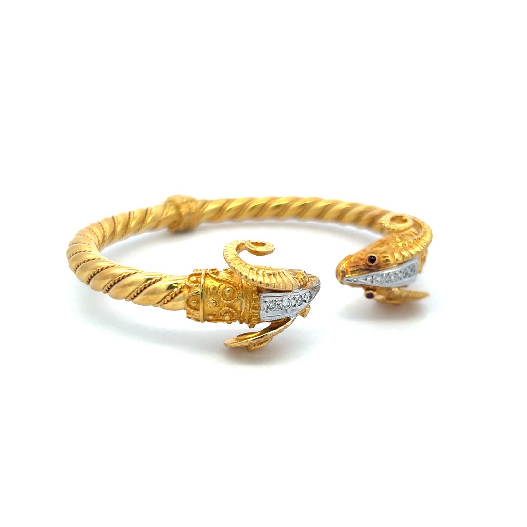 0.24ct Round Brilliant Diamond Ram Head Bangle Bracelet in 18K Two-Tone Gold