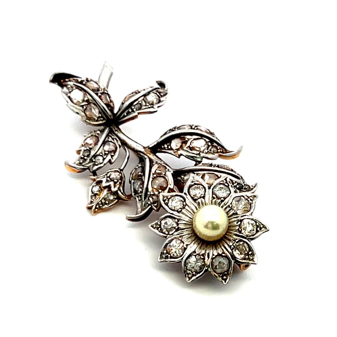 Vintage 1.40ct Rose Cut Diamond Pin Brooch in 18K Two-Tone Gold & Platinum