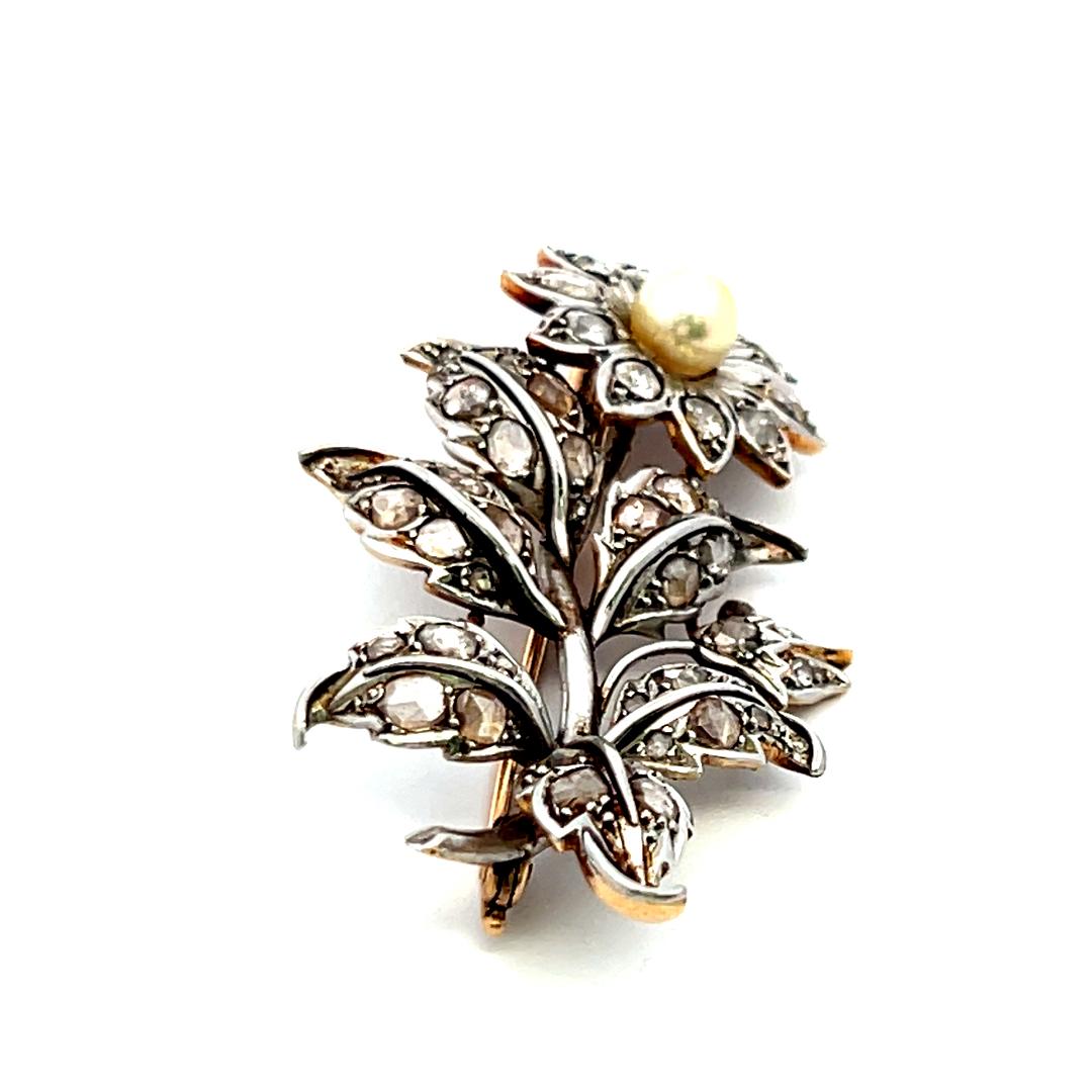 Vintage 1.40ct Rose Cut Diamond Pin Brooch in 18K Two-Tone Gold & Platinum