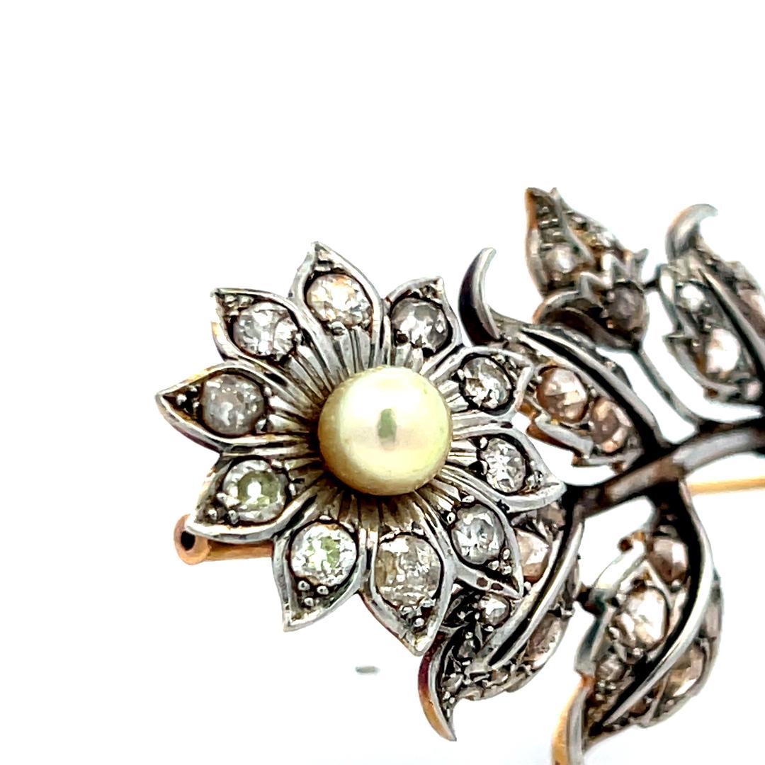 Vintage 1.40ct Rose Cut Diamond Pin Brooch in 18K Two-Tone Gold & Platinum