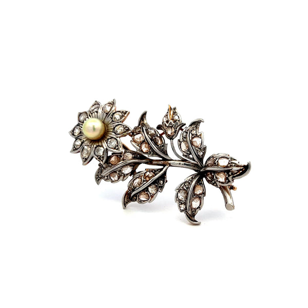 Vintage 1.40ct Rose Cut Diamond Pin Brooch in 18K Two-Tone Gold & Platinum