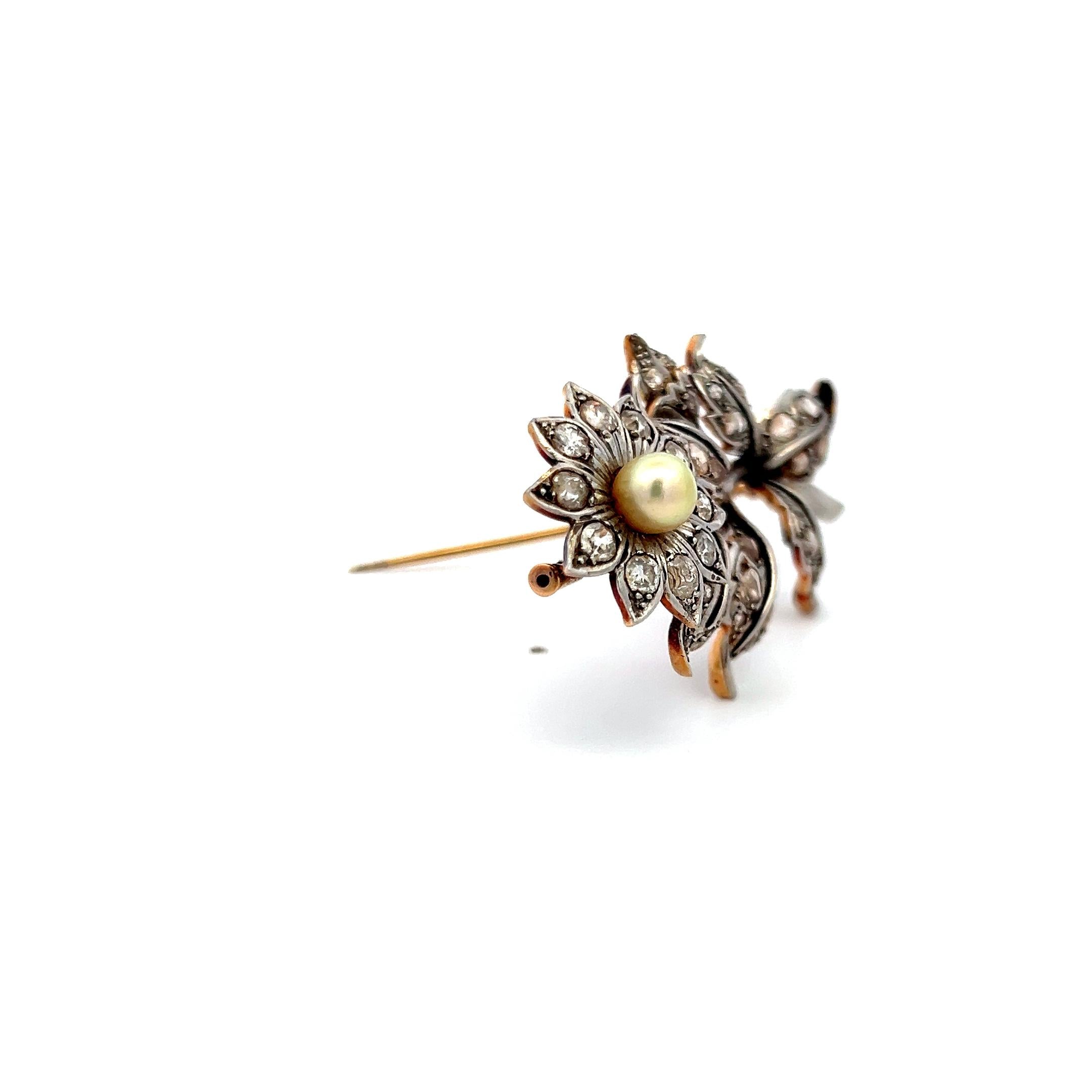 Vintage 1.40ct Rose Cut Diamond Pin Brooch in 18K Two-Tone Gold & Platinum