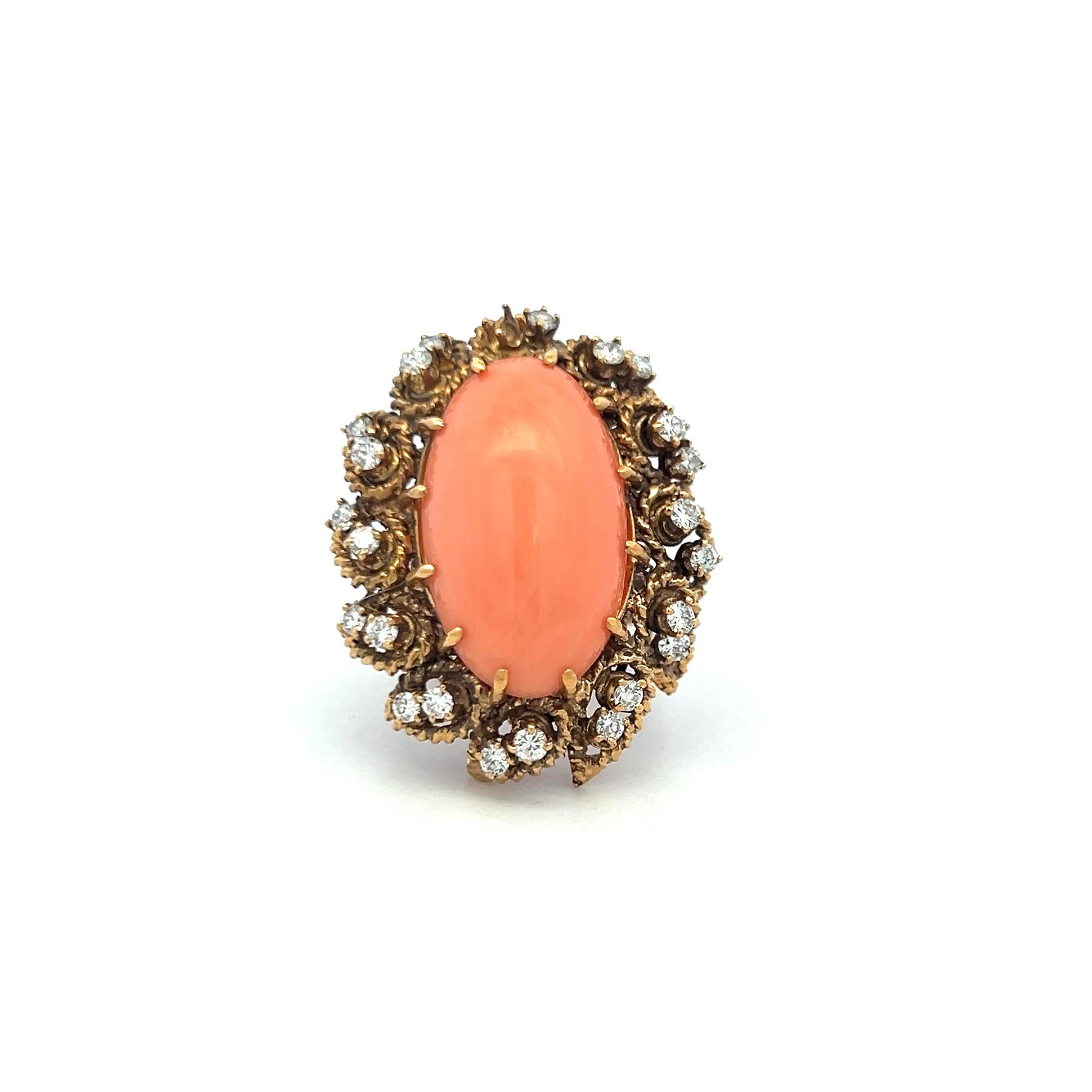 1.05ct Round Brilliant Diamond 13–22.5mm Coral Cocktail Ring in 14K Yellow Gold