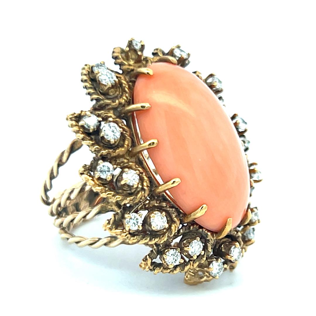 1.05ct Round Brilliant Diamond 13–22.5mm Coral Cocktail Ring in 14K Yellow Gold